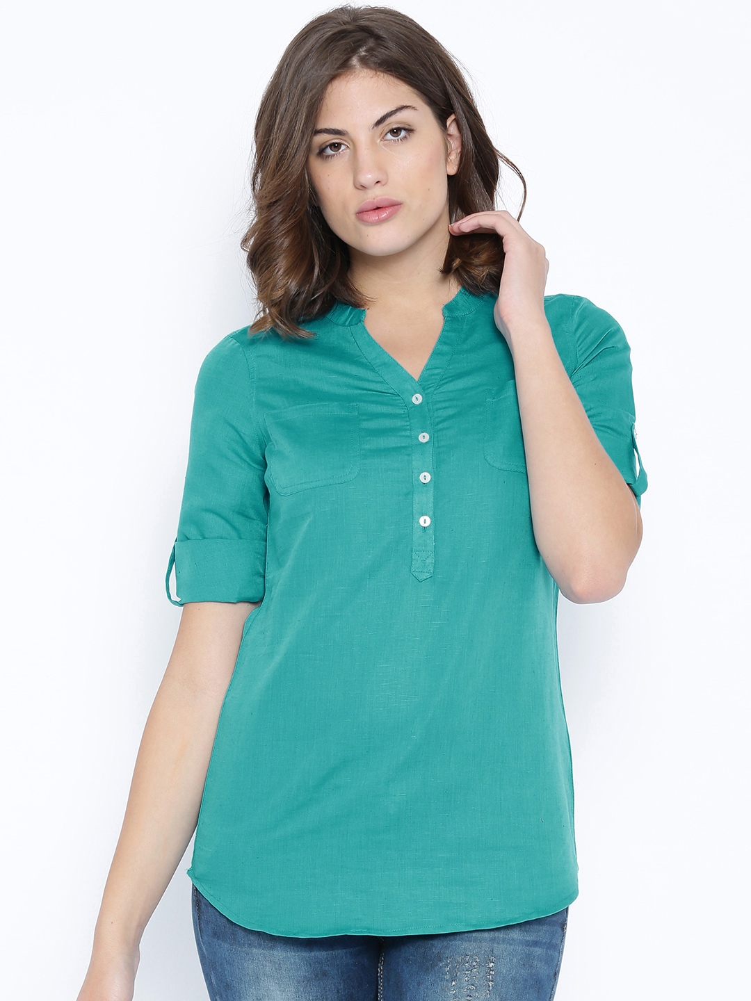Buy IZABEL LONDON By Pantaloons Teal Green Linen Top - Tops for Women  1260518