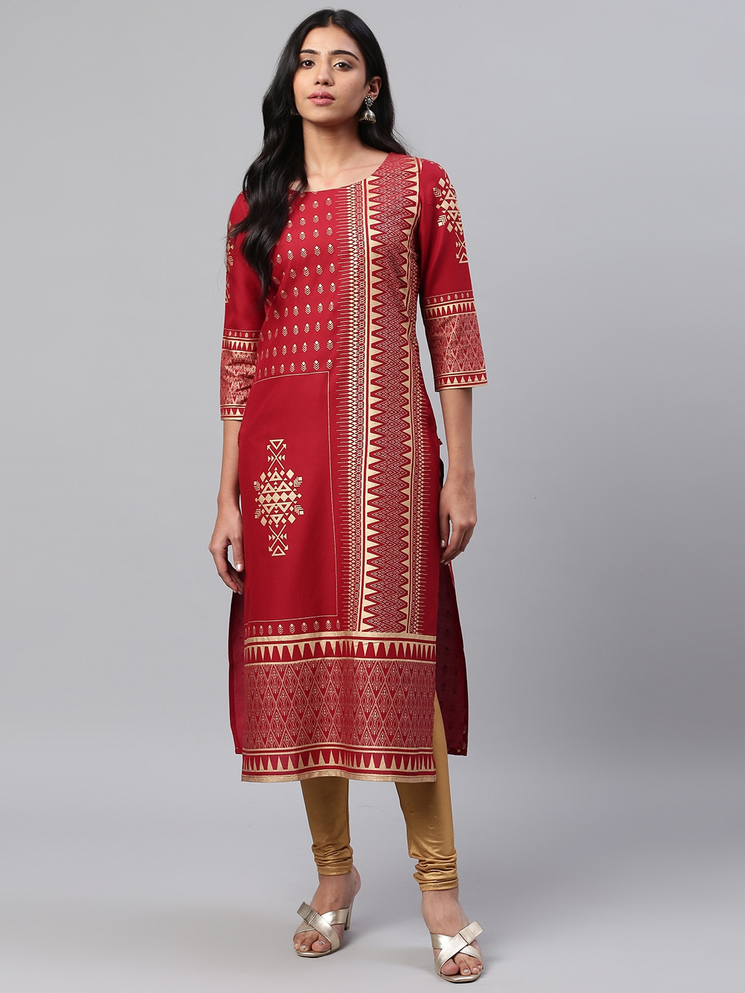KSUT Women Maroon & Golden Foil Printed Straight Kurta