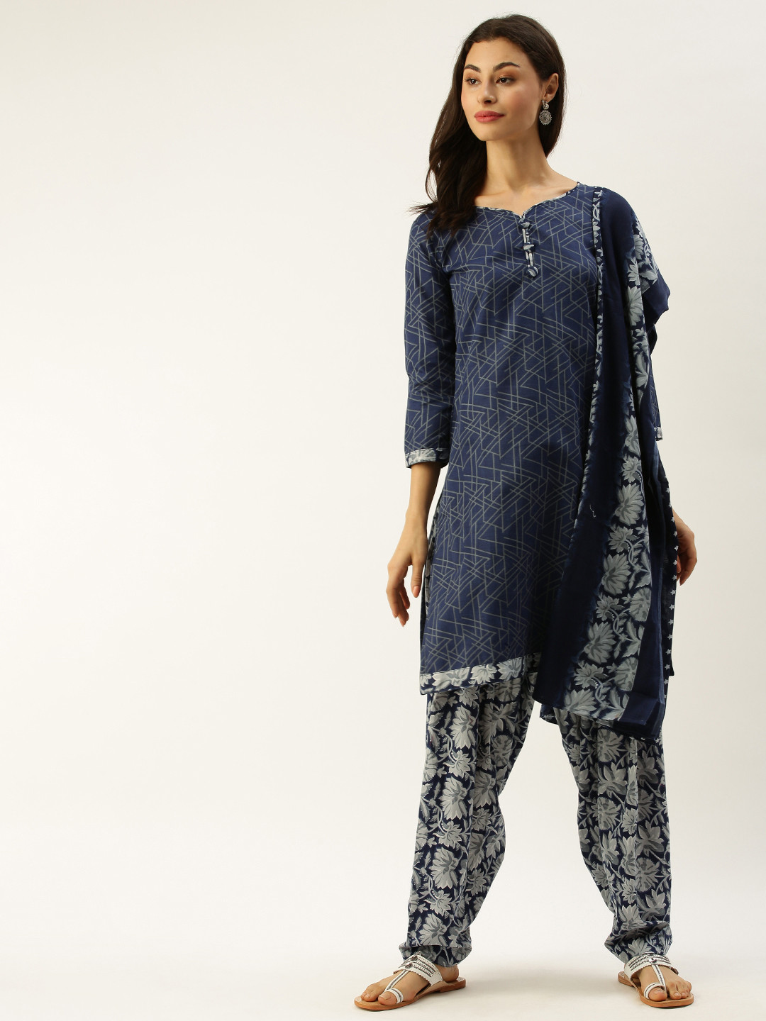 Rajnandini Navy Blue & Grey Cotton Blend Printed Unstitched Dress Material