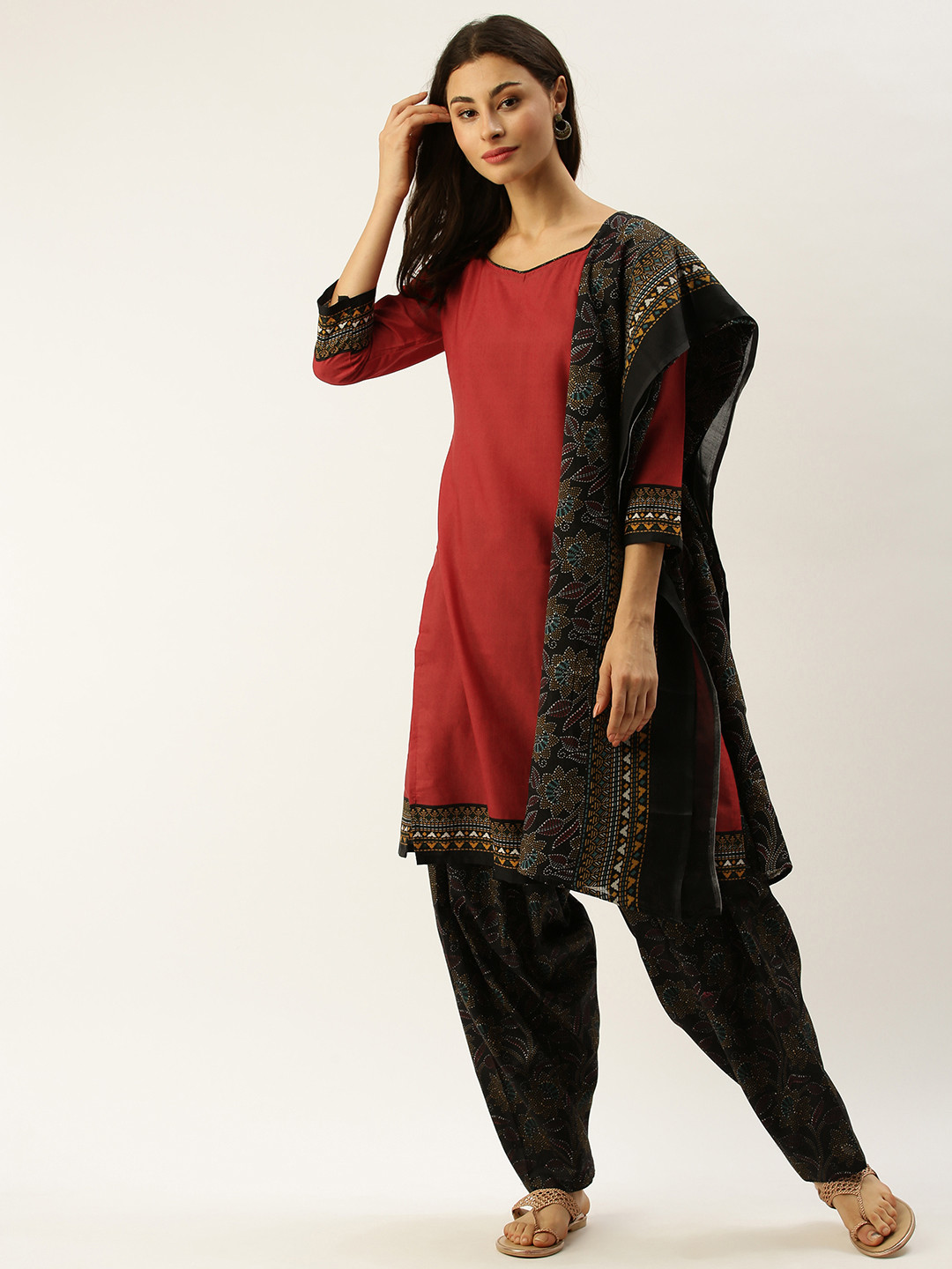 Rajnandini Red & Black Cotton Blend Solid Unstitched Dress Material