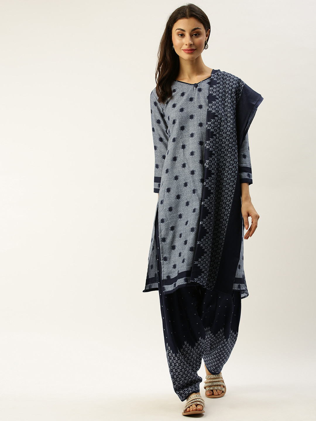 Rajnandini Grey & Navy Blue Cotton Blend Printed Unstitched Dress Material