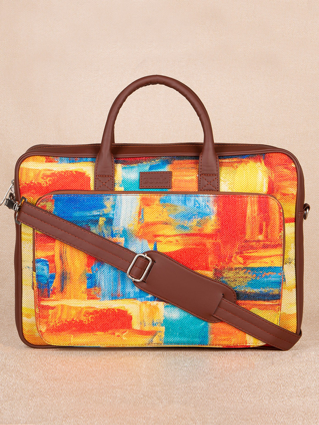 ZOUK Unisex Yellow & Orange Printed Vegan Leather 16 Inch Sustainable Laptop Bag