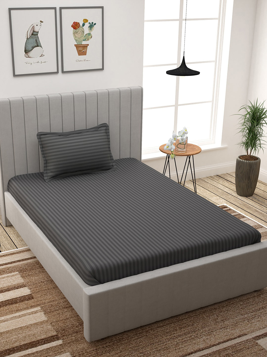 Story@home Reactive Grey Striped Pure Cotton 300 TC Single Fine Bedsheet with a Pillow Cover-89 x 61 inches