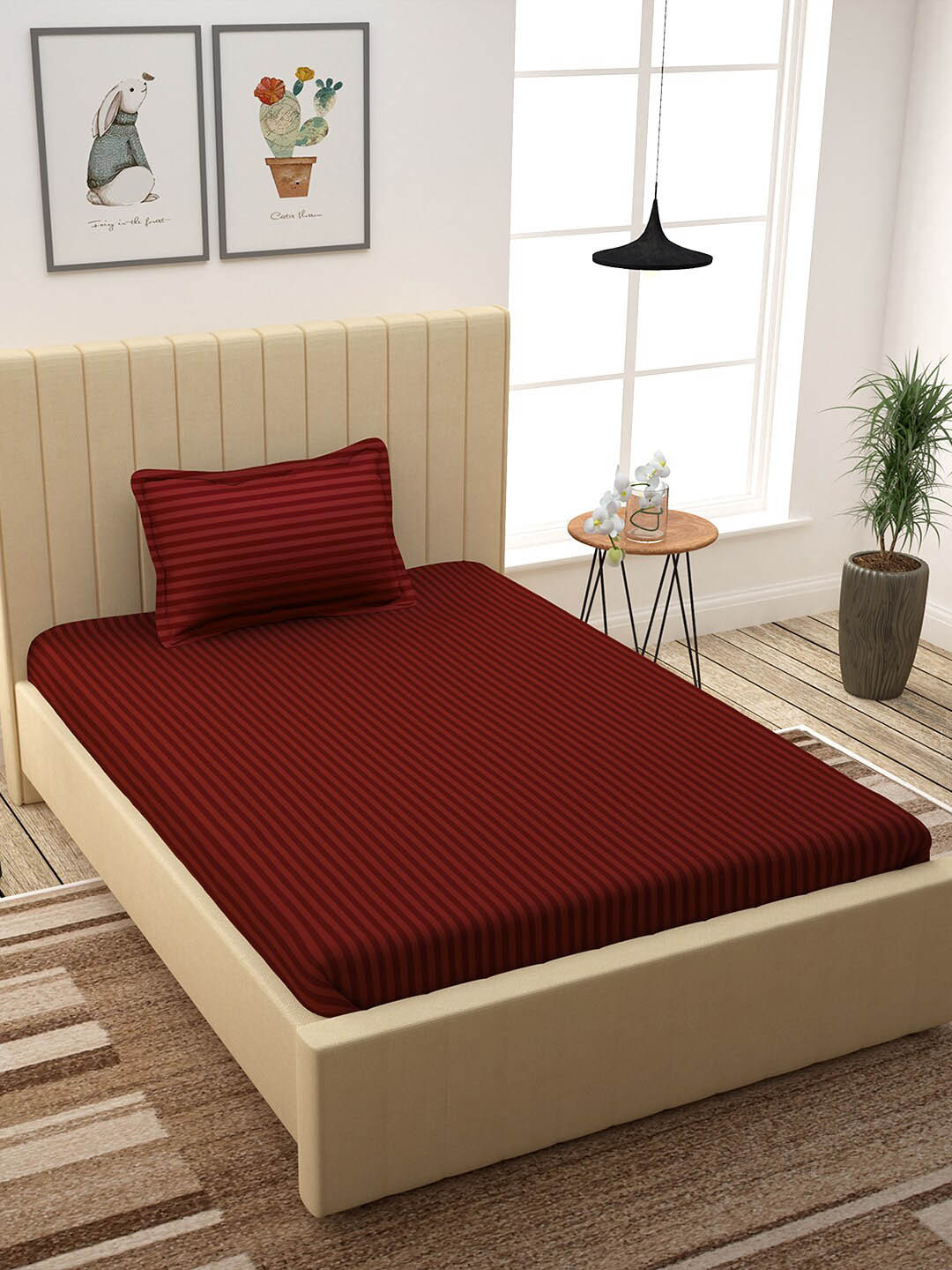 Story@home Maroon Striped Cotton 300 TC Single Superfine Bedsheet with a Pillow Cover-59 x 87 inches