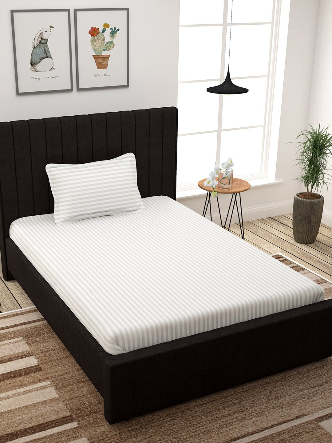 Story@home Reactive Print White Striped Pure Cotton 300 TC Single Superfine Bedsheet with a Pillow Cover-59 x 87 inches