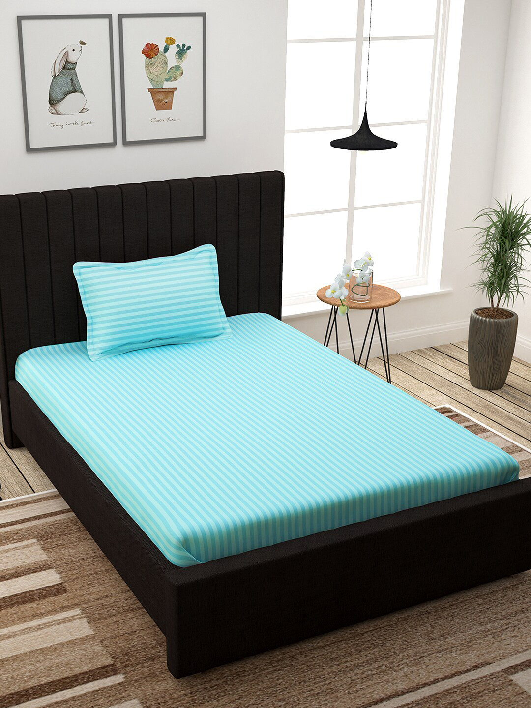 Story@home Reactive Print Blue Striped Pure Cotton 300 TC Single Fine Bedsheet with a Pillow Cover-89 x 61 inches