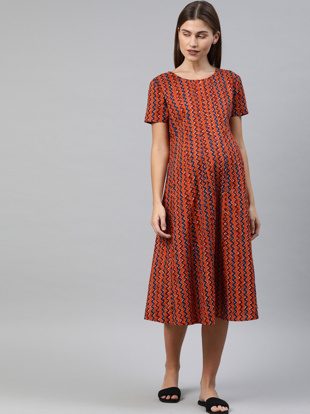Nejo Women Orange & Blue Printed A-Line Maternity Kurta