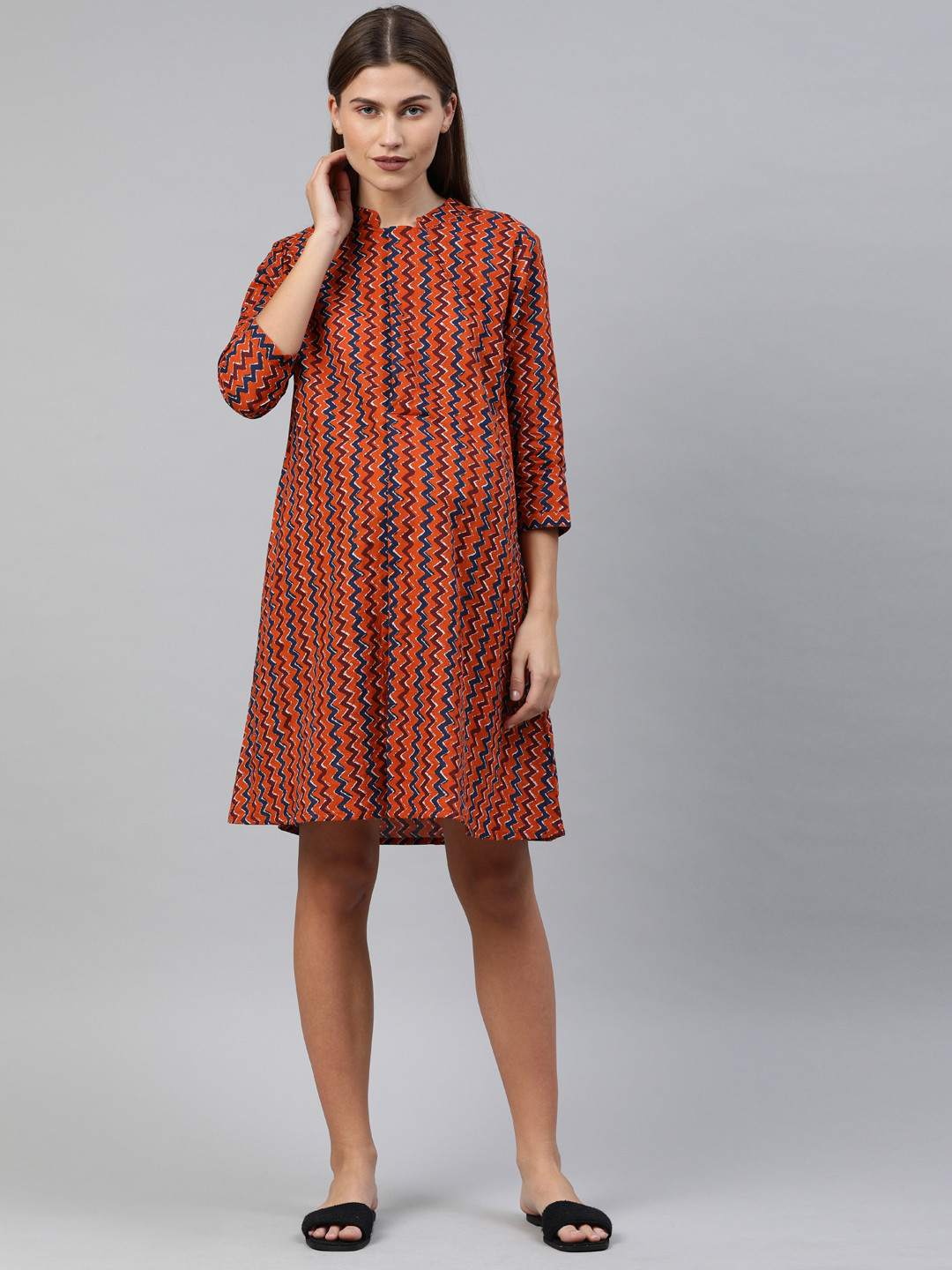 Nejo Women Orange & Blue Printed A-Line Maternity Kurta