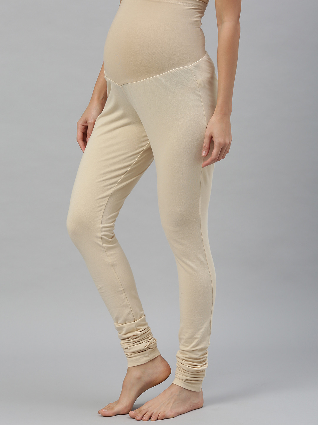 Nejo Women Beige Solid Maternity Churidar With Belly Band