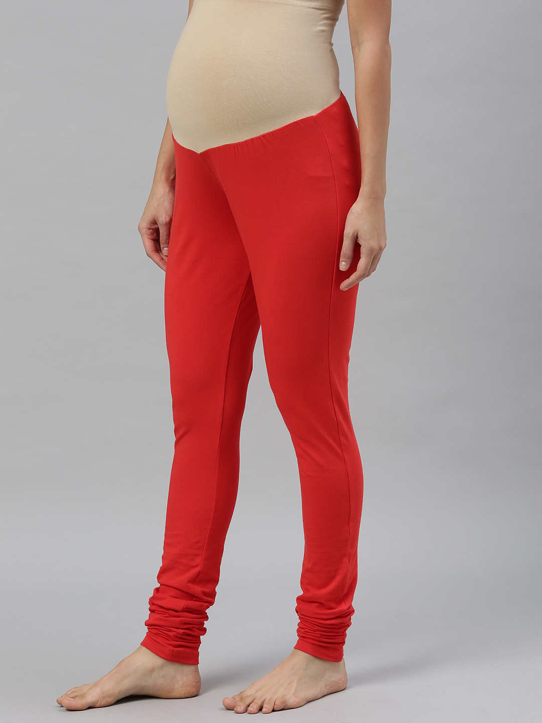 Nejo Women Red Solid Maternity Churidar With Belly Band