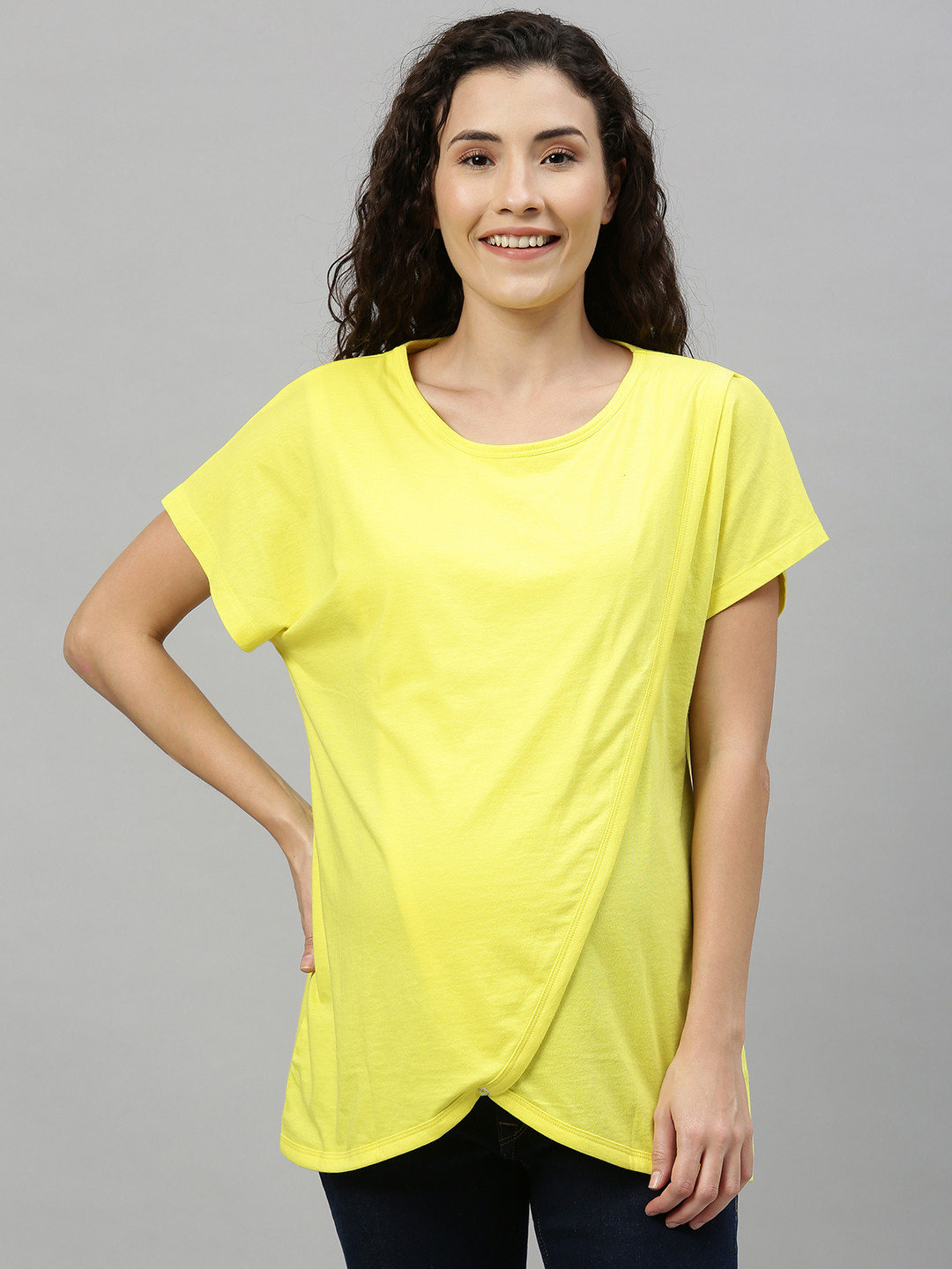 Nejo Women Yellow Solid Maternity & Nursing Knitted Layered Pure Cotton Top