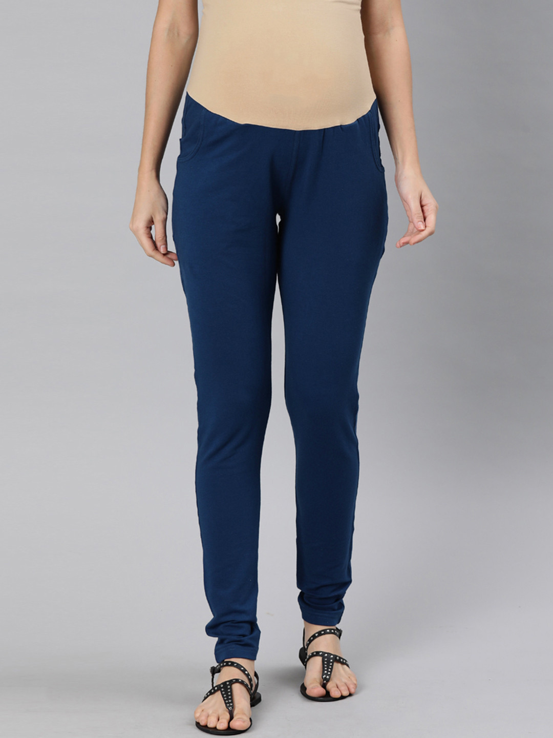 Nejo Women Navy Blue Solid Maternity Treggings With Bamboo Cotton Super Stretch Belly Band