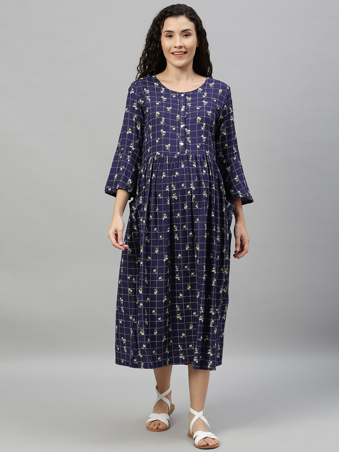 Nejo Women Blue Printed A-Line Maternity Dress