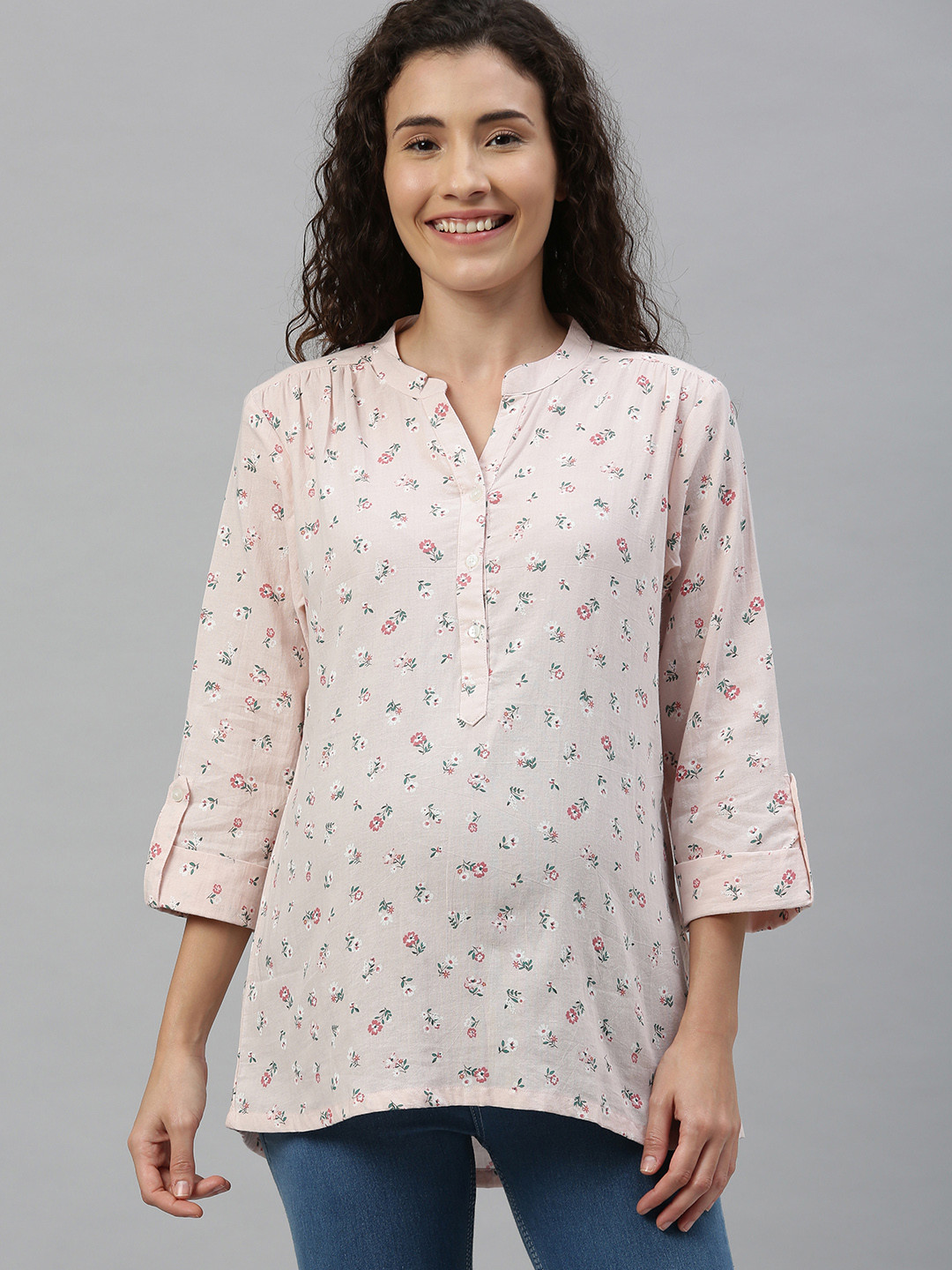Nejo Women Pink Printed Maternity Pure Cotton Top