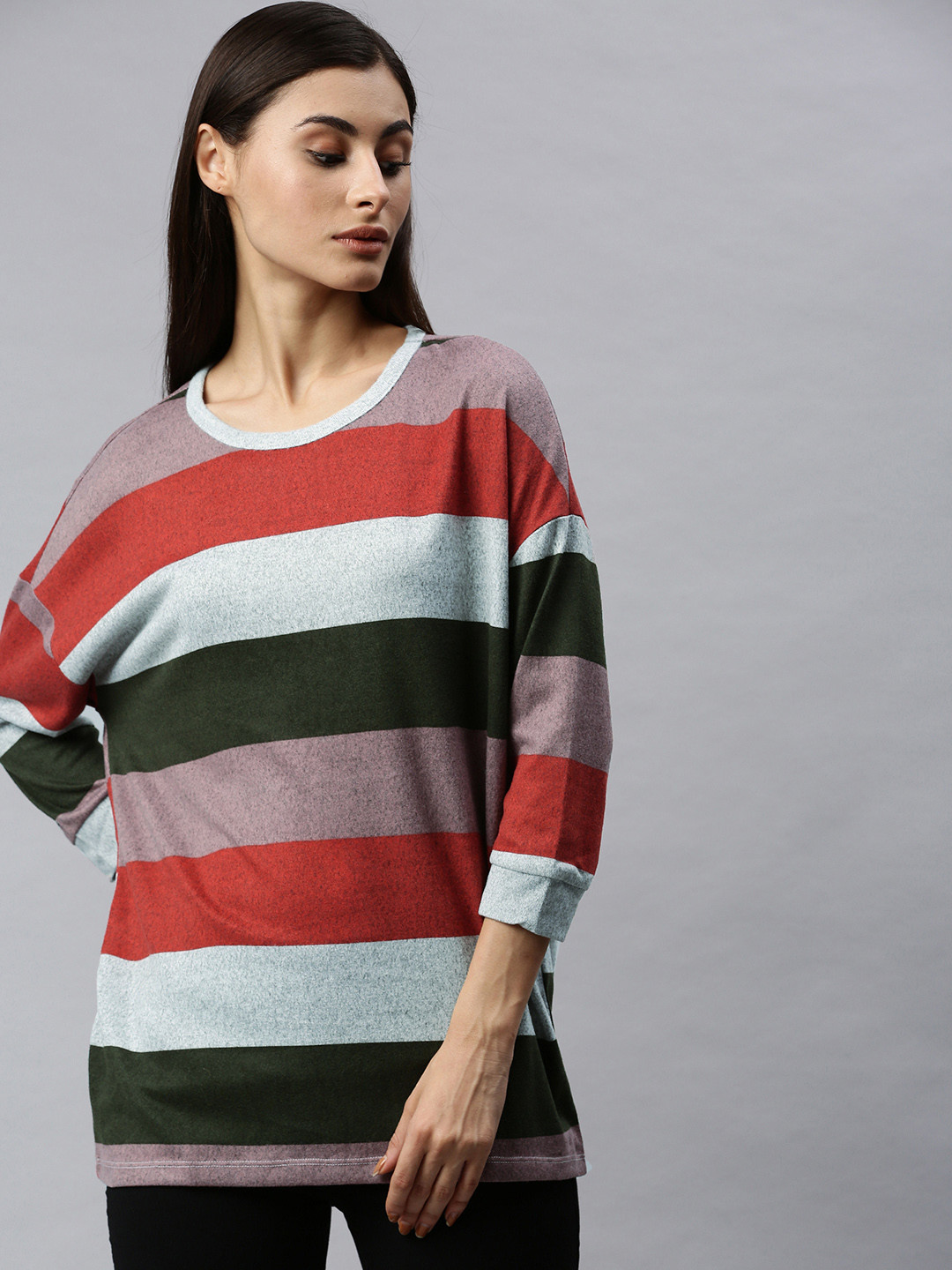 ONLY Women Grey & Red Striped Round Neck Drop-Shoulder Sleeve T-shirt