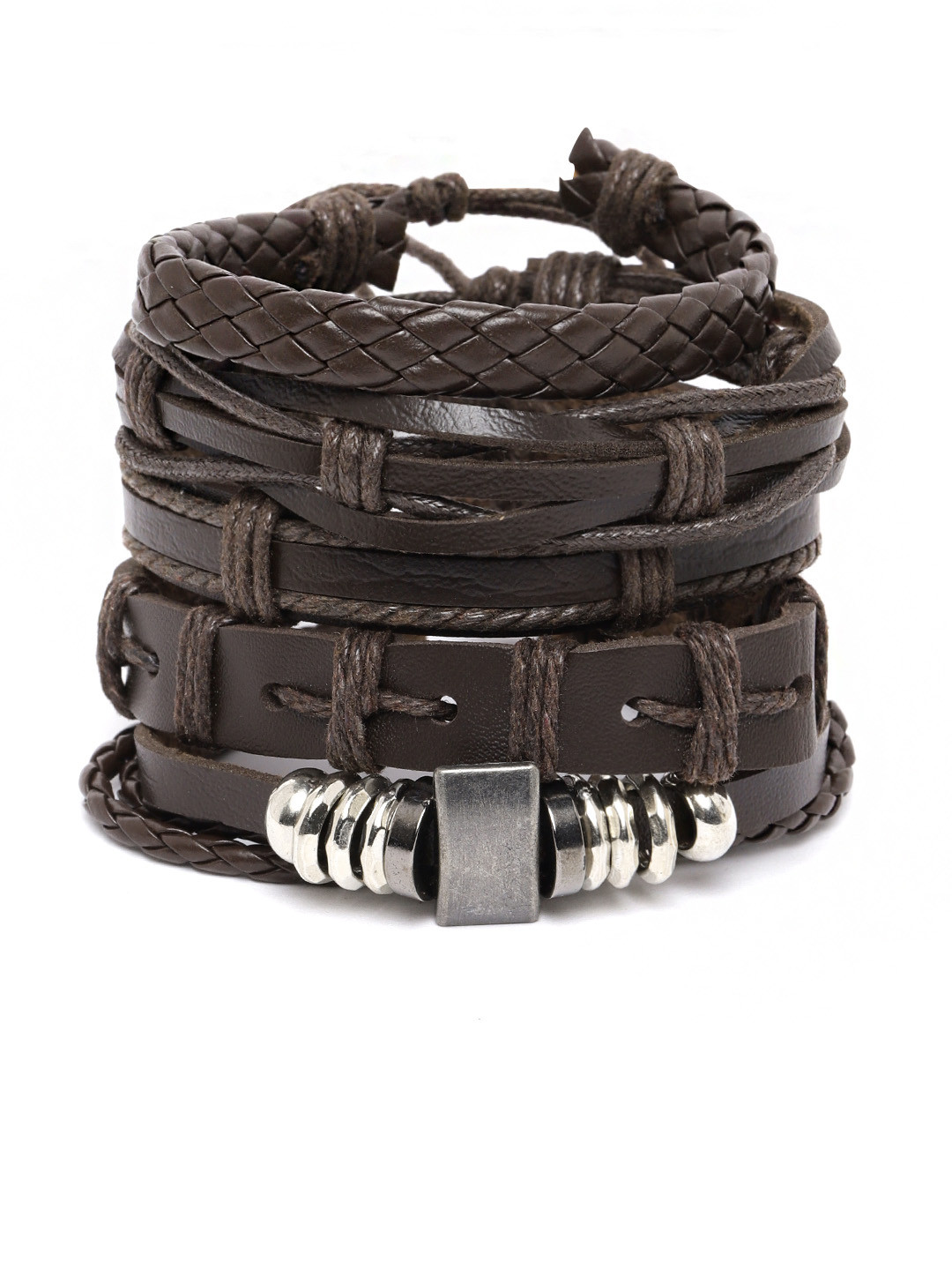 Jewels Galaxy Women Set of 5 Coffee Brown Leather Bracelets