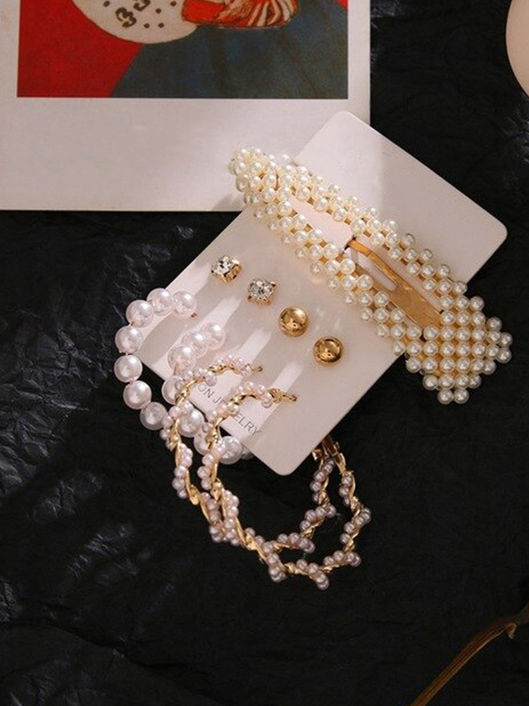 Jewels Galaxy Set of 4 White Gold-Plated Earrings with Beaded Tic Tac Hair Clip