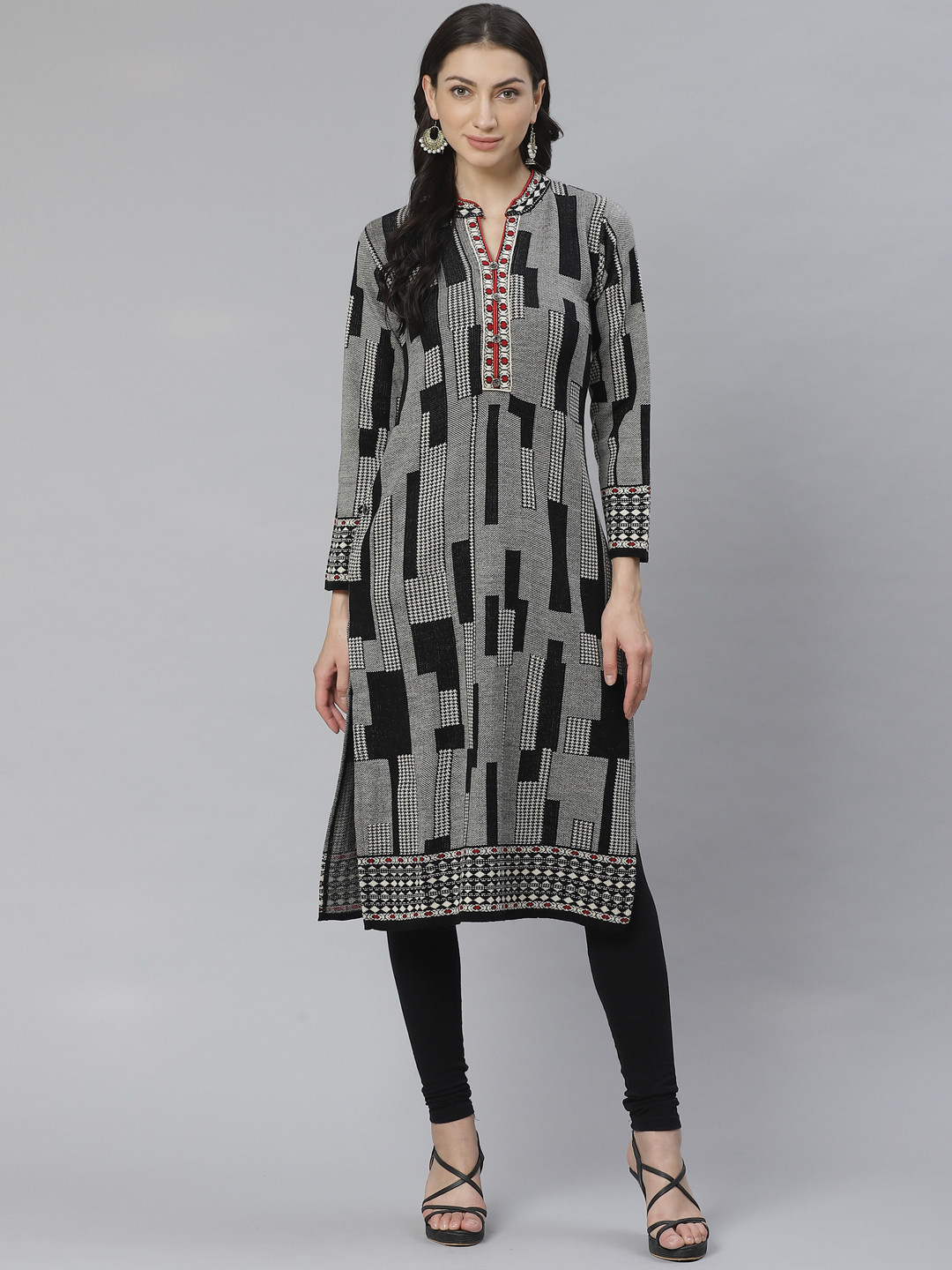 Cayman Women Black & White Woven Design Straight Kurta