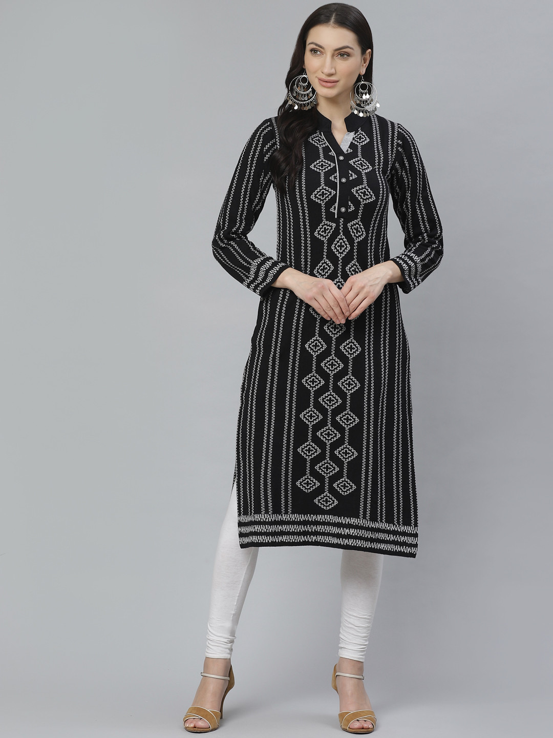 Cayman Women Black & Grey Woven Design Straight Kurta