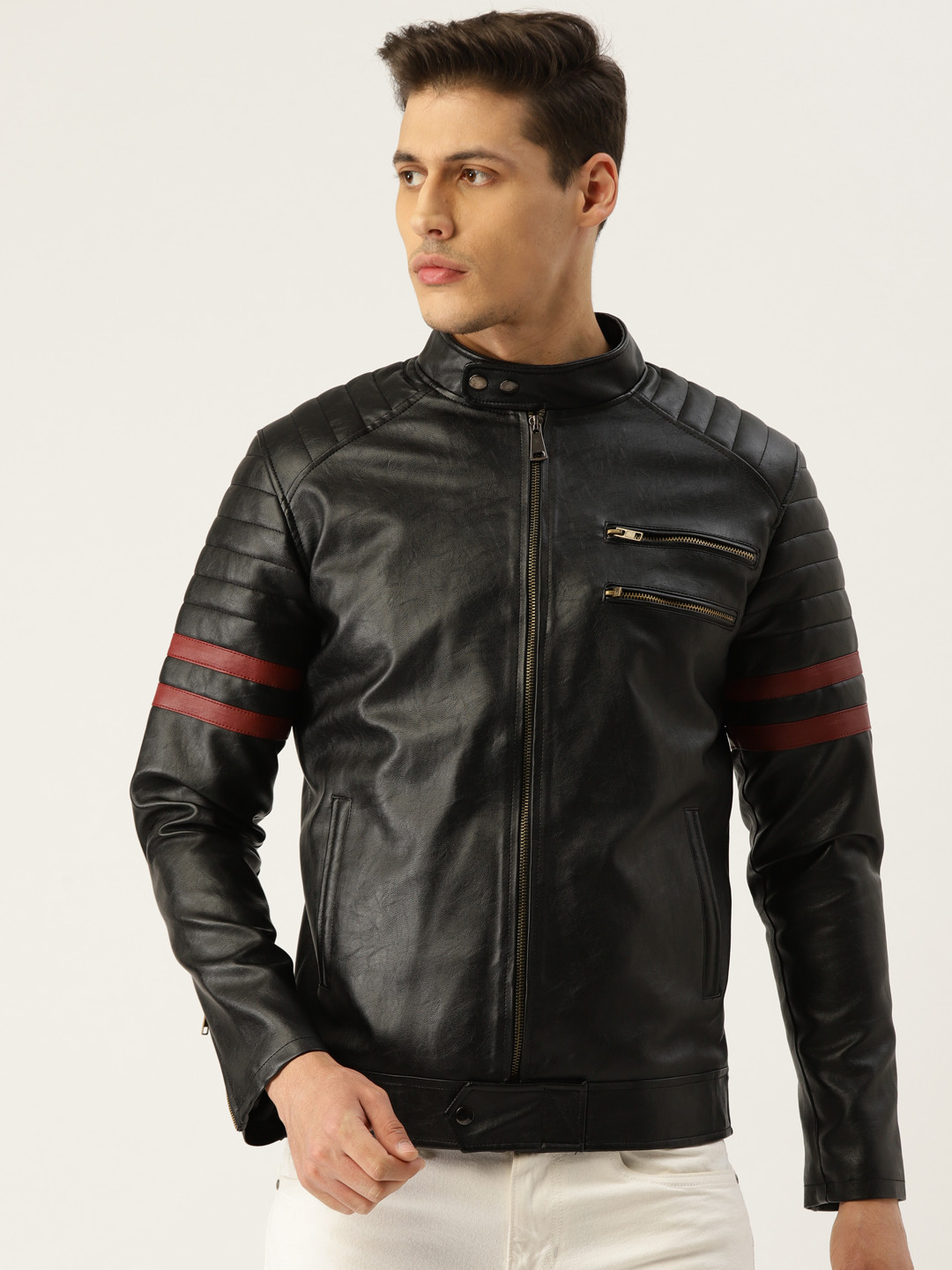 Leather Retail Men Black Solid Lightweight Biker Jacket