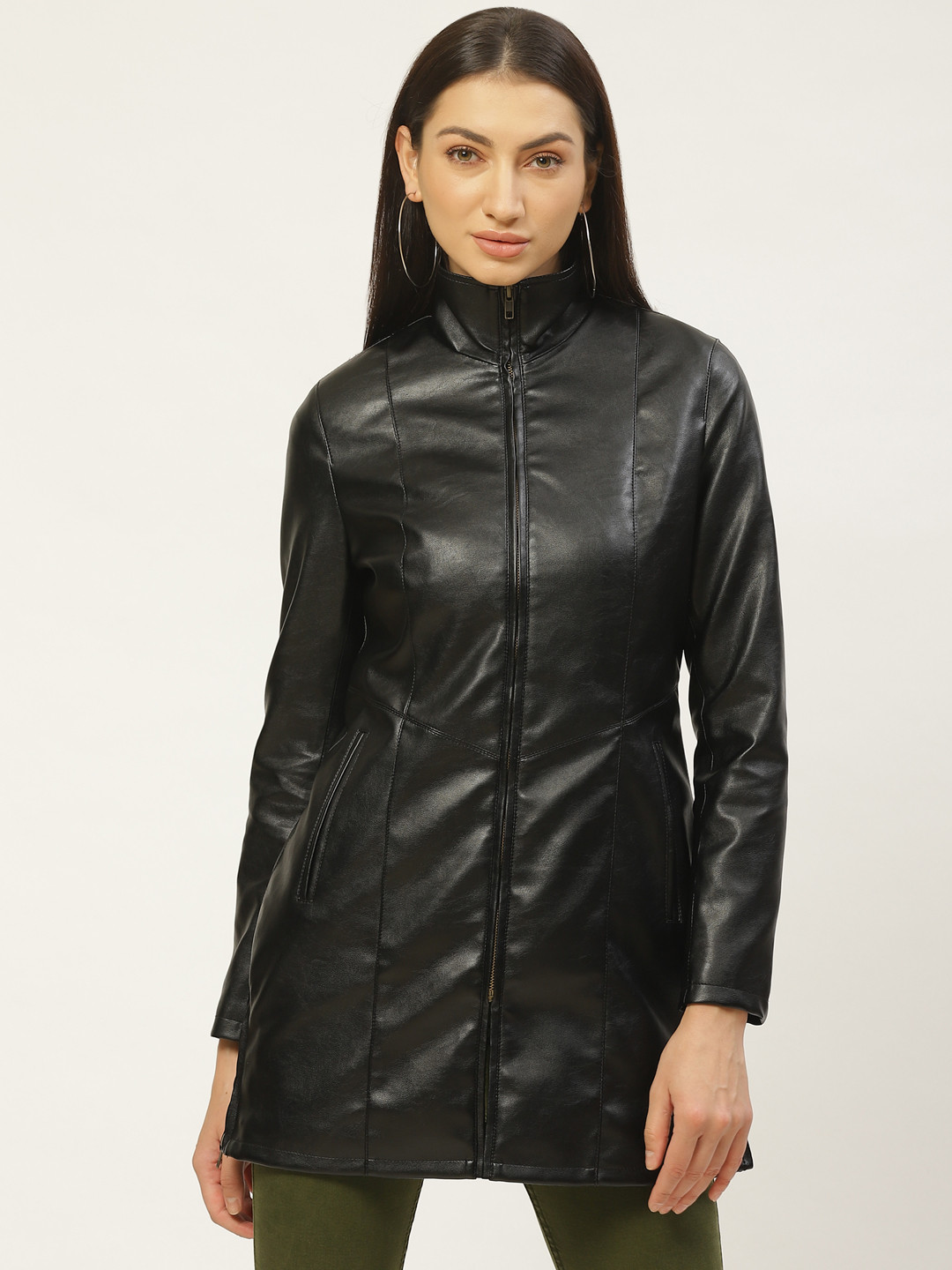 Leather Retail Women Solid Lightweight Longline Faux Leather Jacket