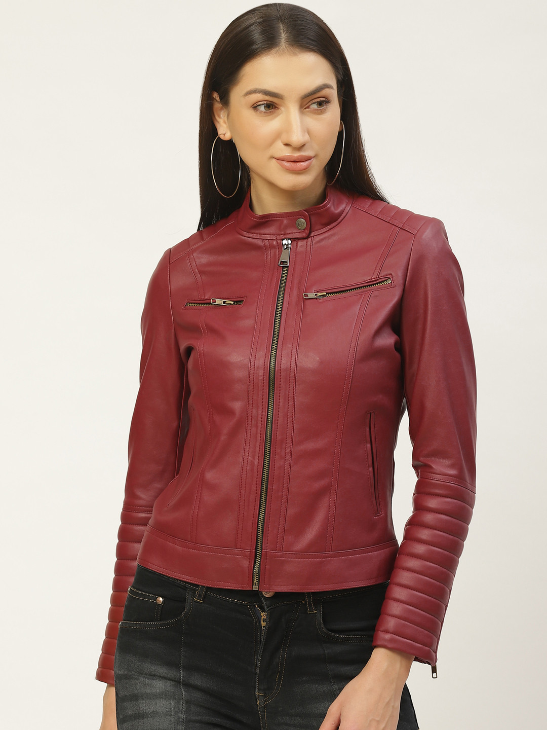 Leather Retail Women Red Solid Lightweight Biker Jacket