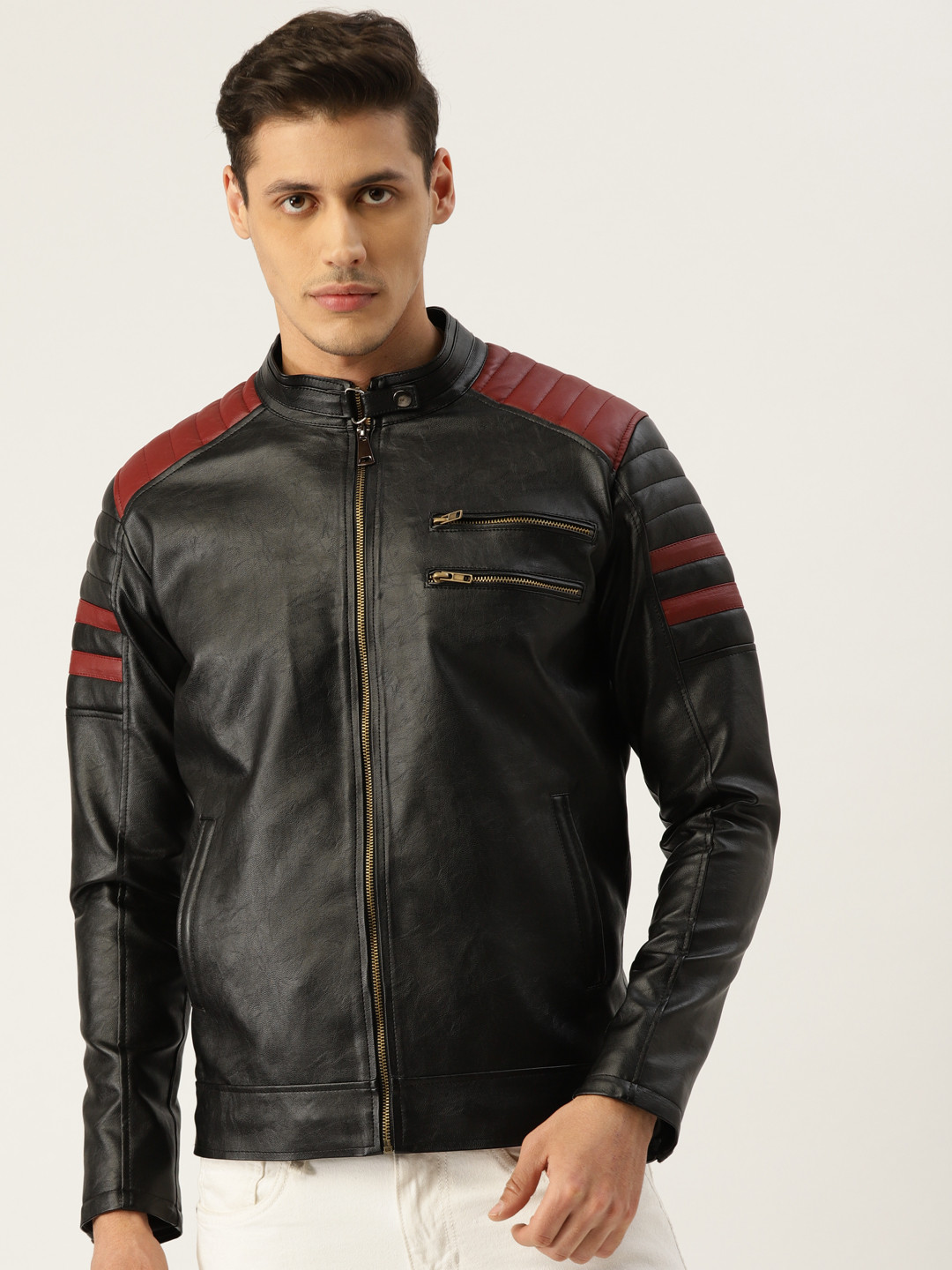 Leather Retail Men Black Solid Lightweight Padding Design Biker Jacket