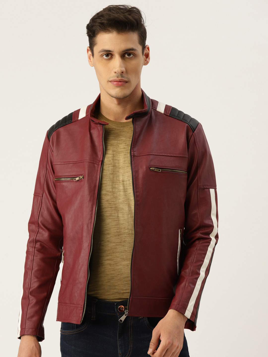 Leather Retail Men Maroon Solid Lightweight Biker Jacket