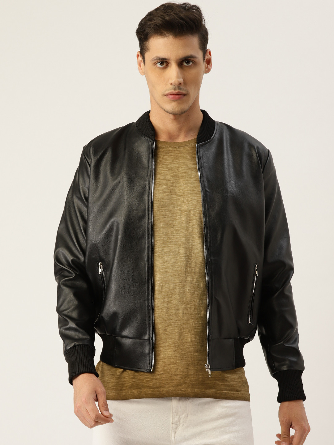 Leather Retail Men Black Solid Lightweight Bomber Jacket