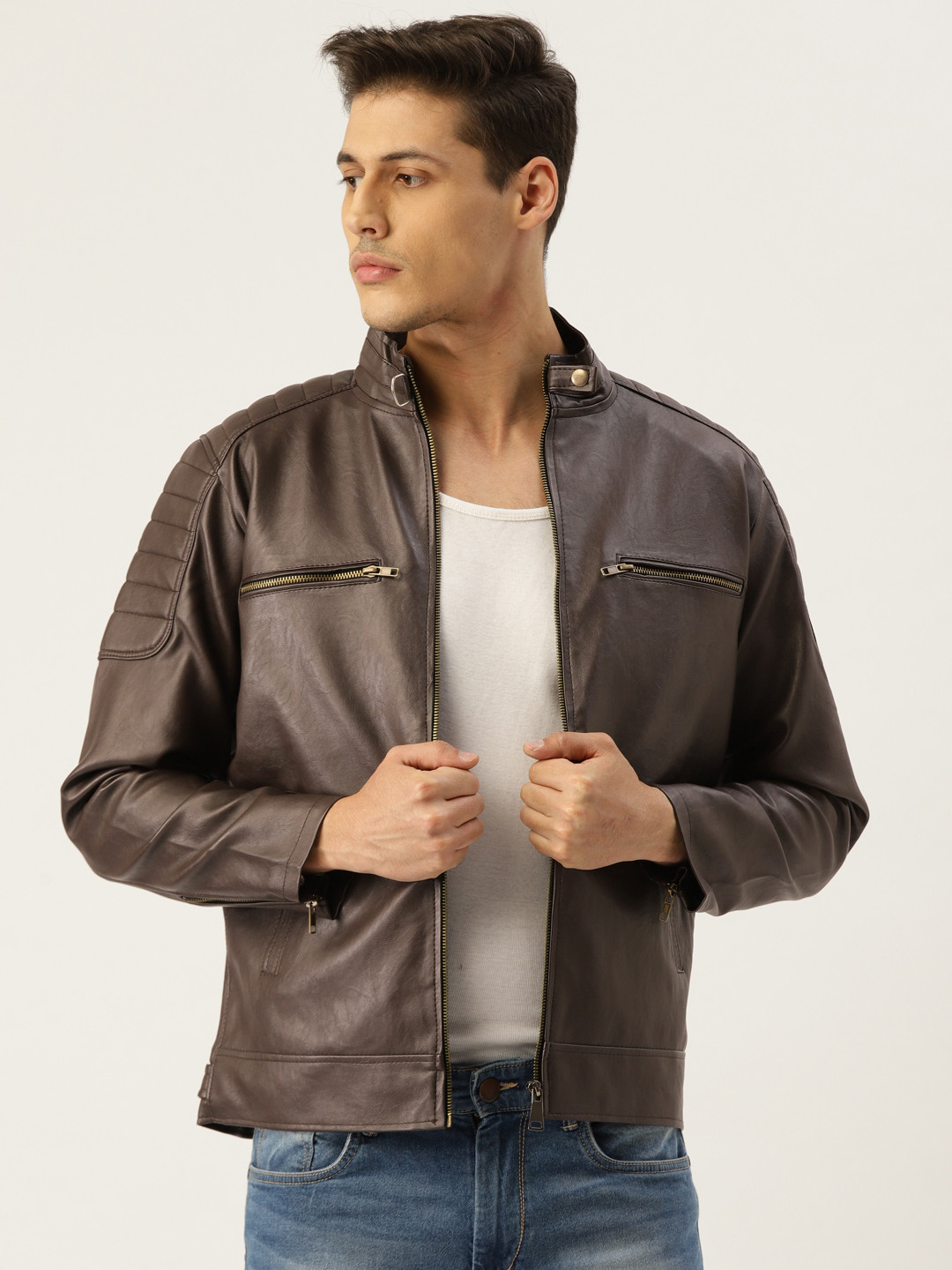 Leather Retail Men Coffee Brown Solid Lightweight Biker Jacket