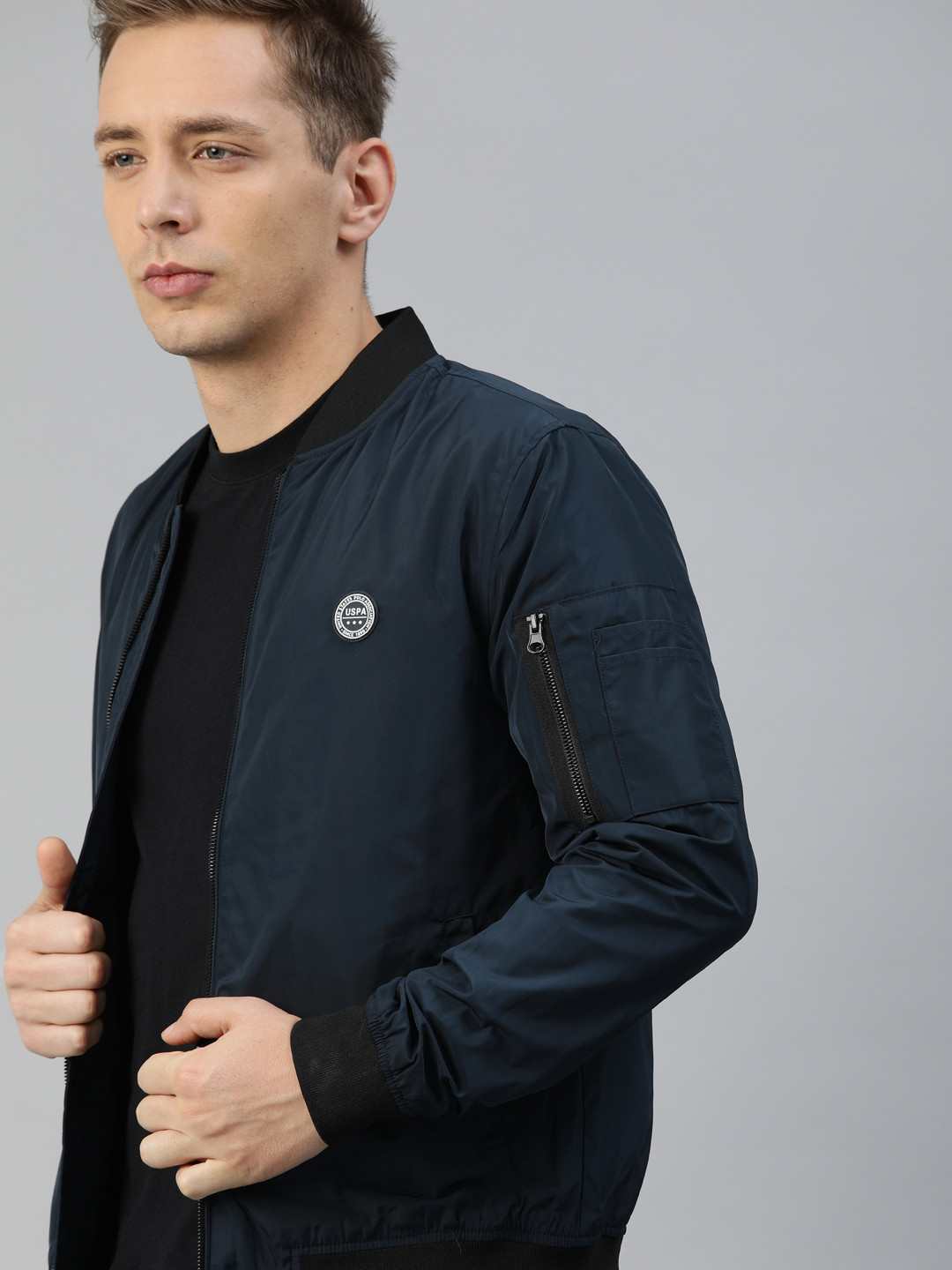 U.S. Polo Assn. Men Navy Blue Solid Bomber Jacket