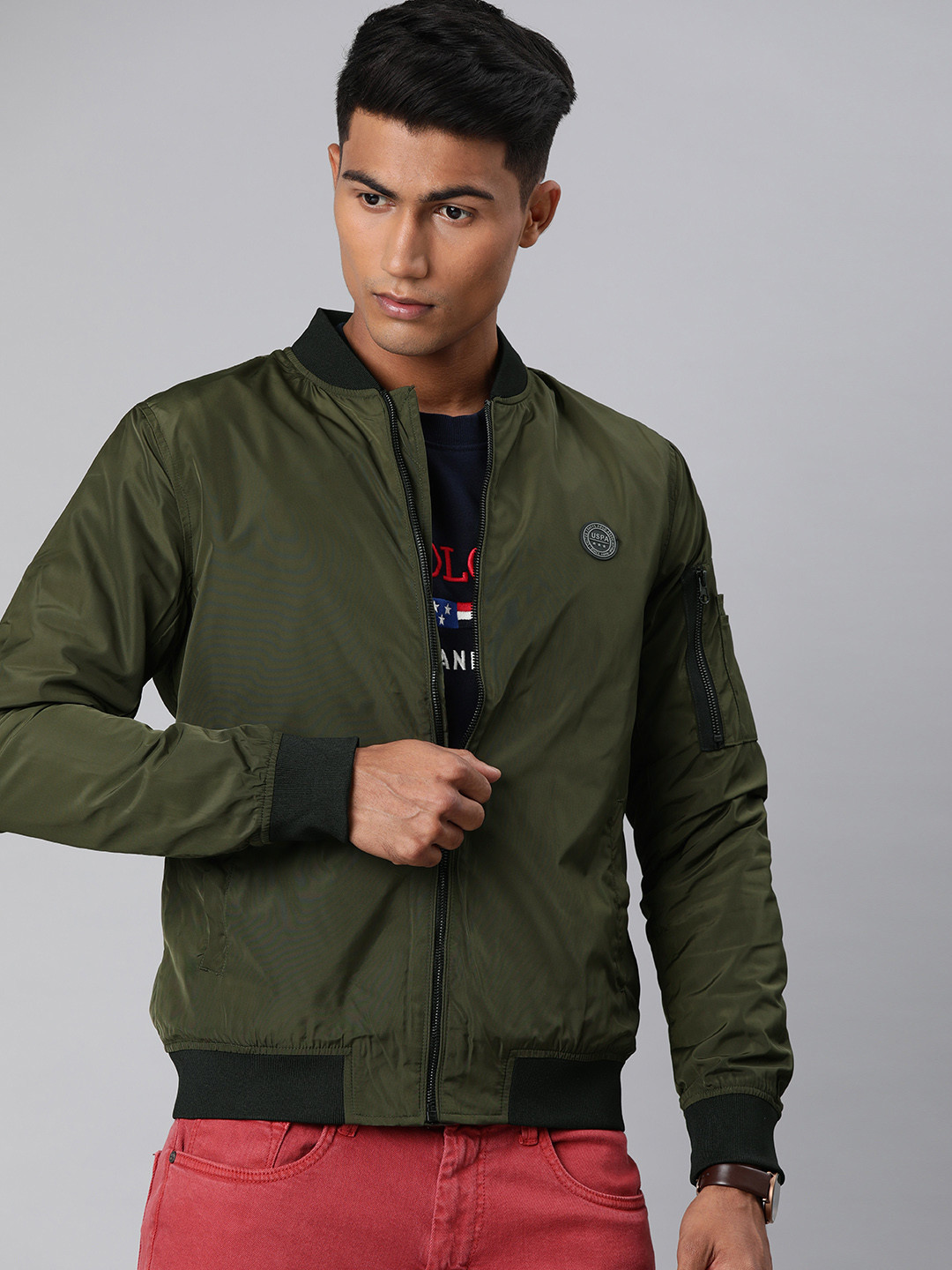 U.S. Polo Assn. Men Olive Green Solid Bomber Jacket