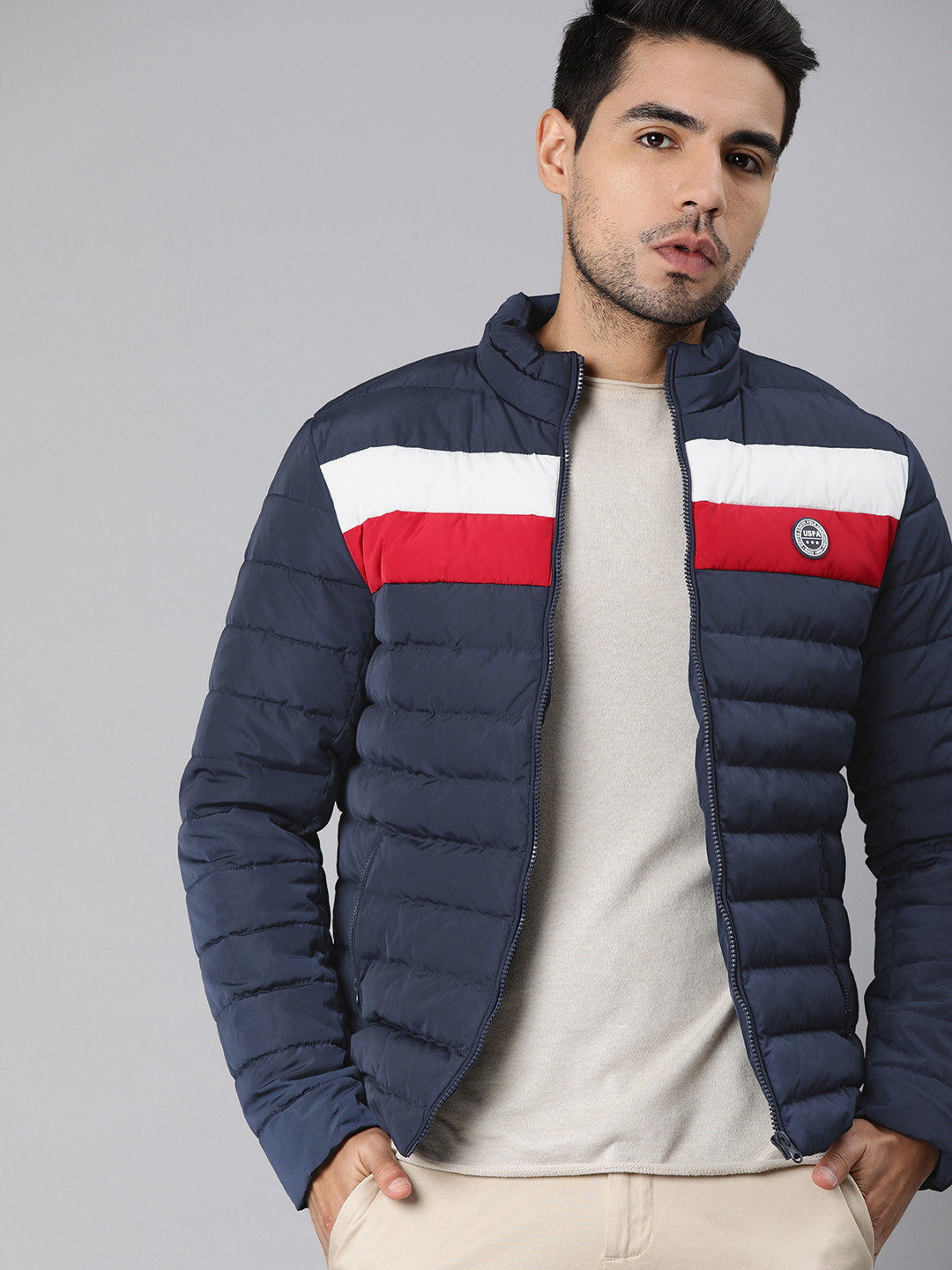 U.S. Polo Assn. Men Navy Blue & Red Striped Puffer Jacket with Applique