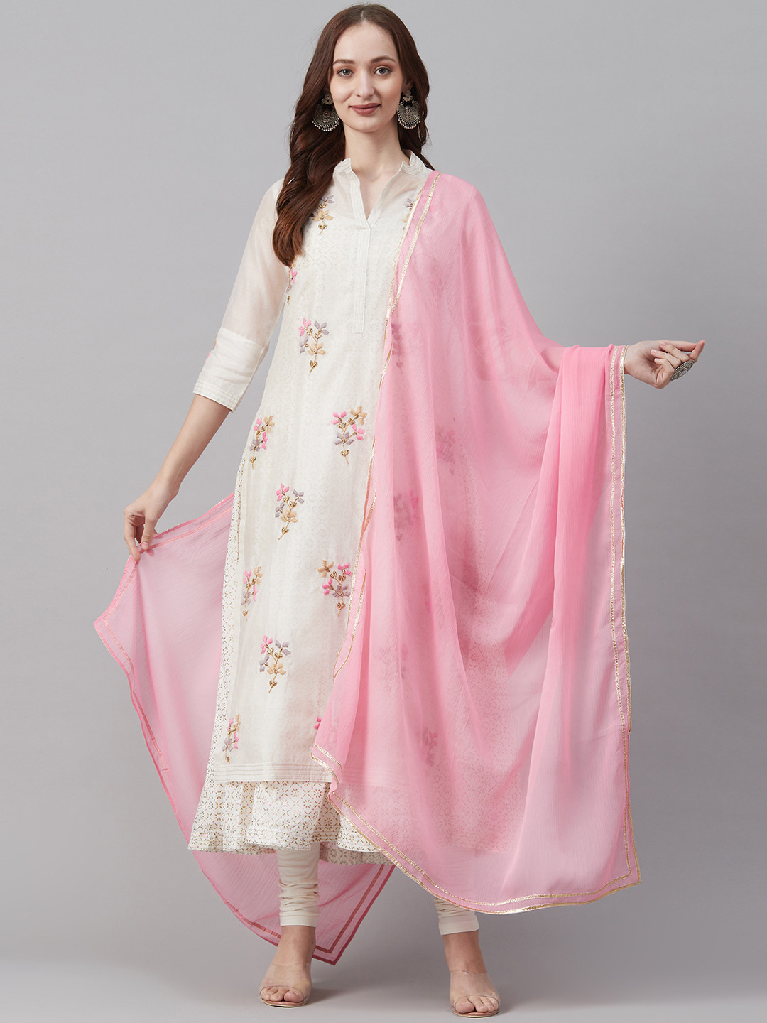Biba Women Off-White & Pink Embroidered Layered Kurta with Churidar & Dupatta
