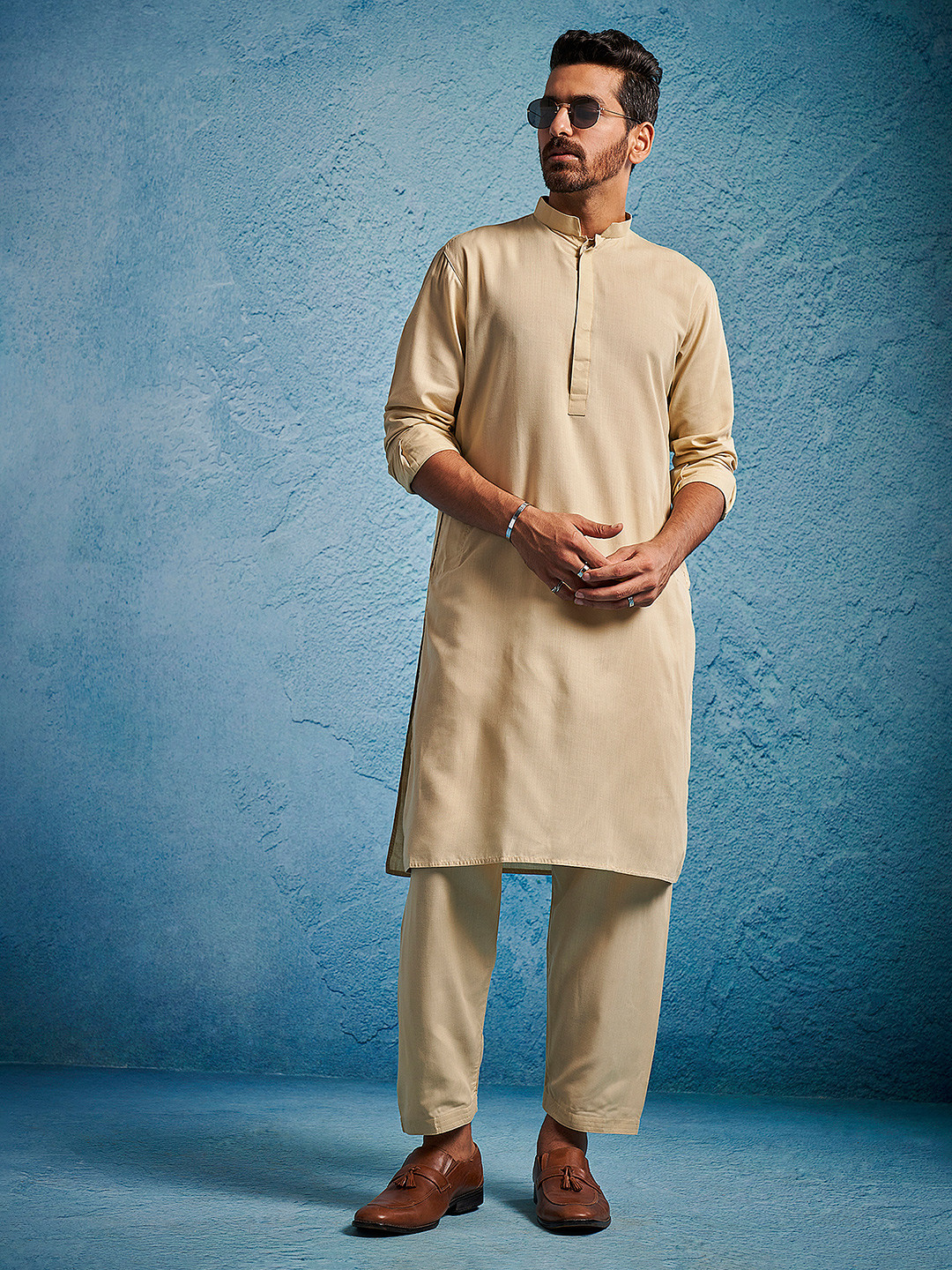 VASTRAMAY Men Beige Solid Kurta with Pyjamas