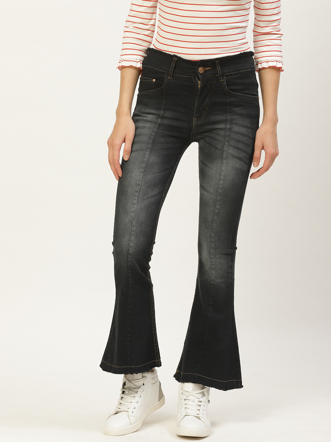 PARIS HAMILTON Women Charcoal Grey Flared Bellbottom Mid-Rise Clean Look Stretchable Jeans