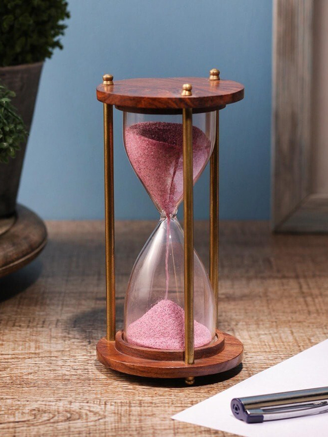 EXIM DECOR Sand Timer Pink Brass Metallic Living Room Small Showpiece - 5.5 Inches