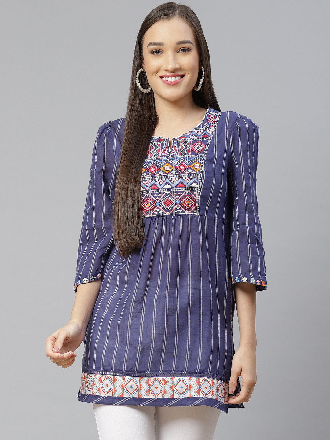 Biba Women Pure Cotton Navy Blue & Red Striped Straight Kurti