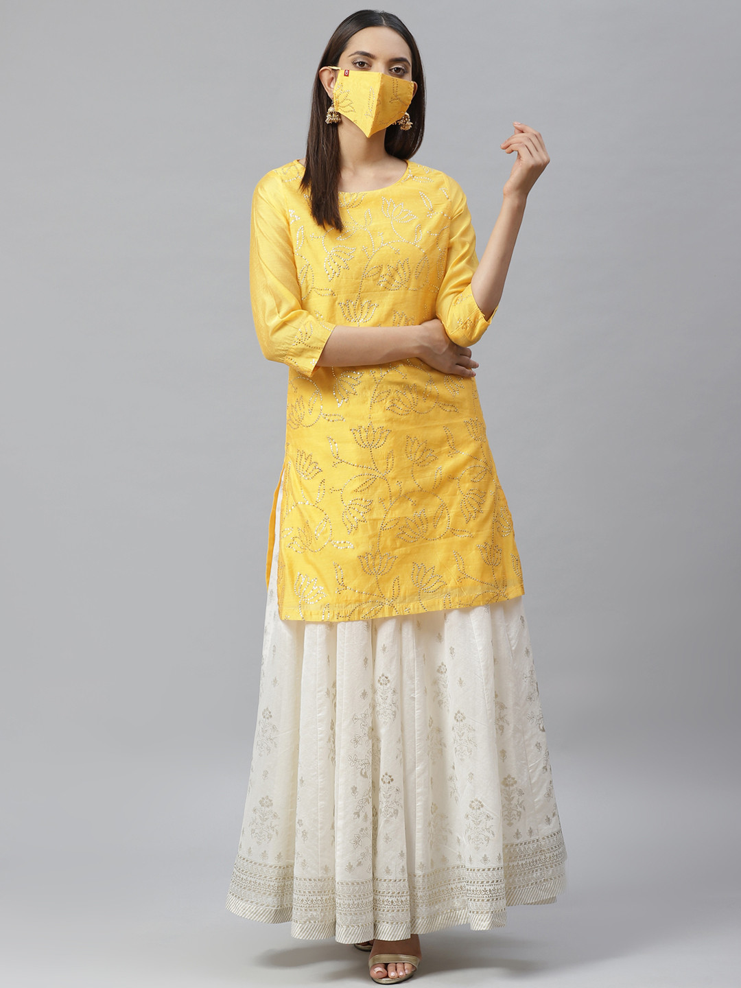 Biba Women Yellow  Golden Mukaish Work Straight Kurta