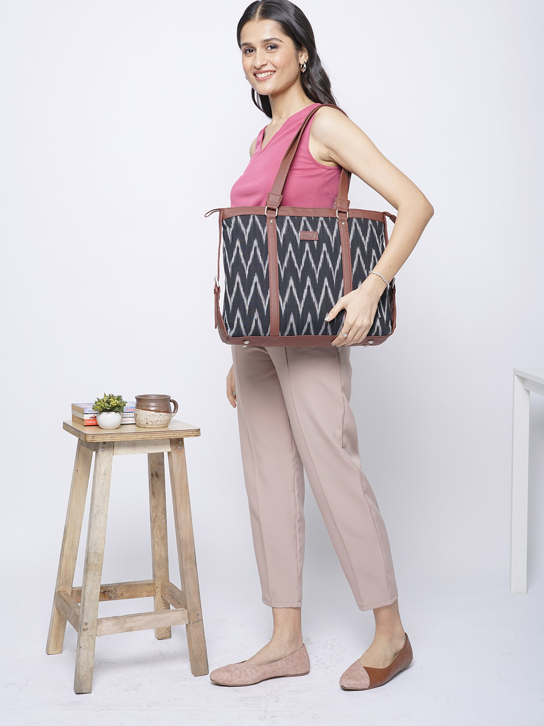 ZOUK Charcoal Black & Grey Ikat Print Vegan Leather 15 Inch Sustainable Laptop Tote Bag