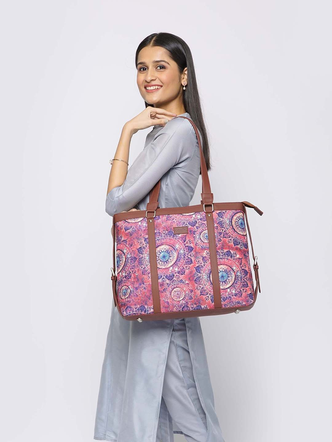 ZOUK Magenta Printed Vegan Leather Sustainable Laptop Tote Bag