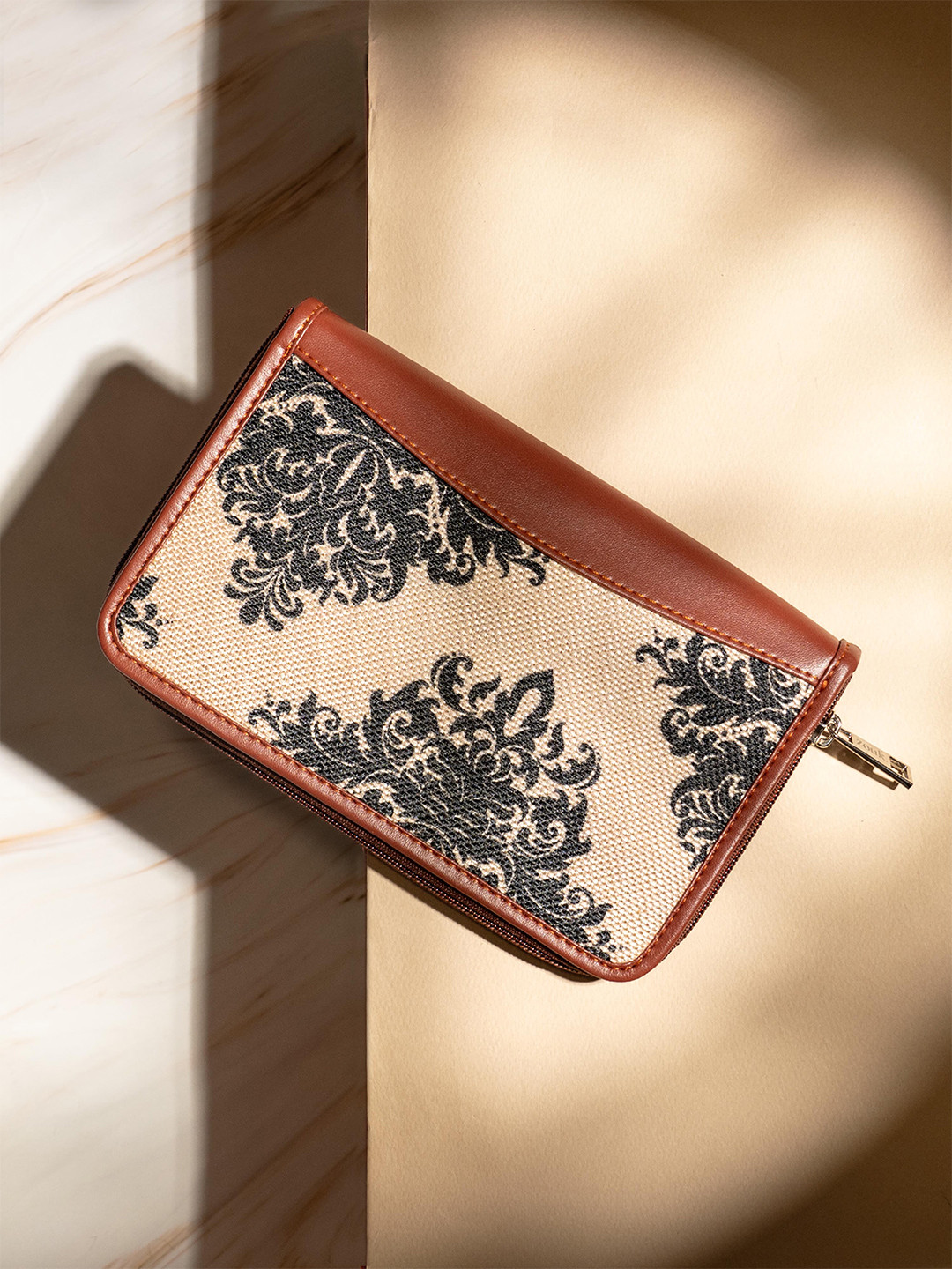 ZOUK Women Peach-Coloured Printed Vegan Leather Zip Around Sustainable Wallet