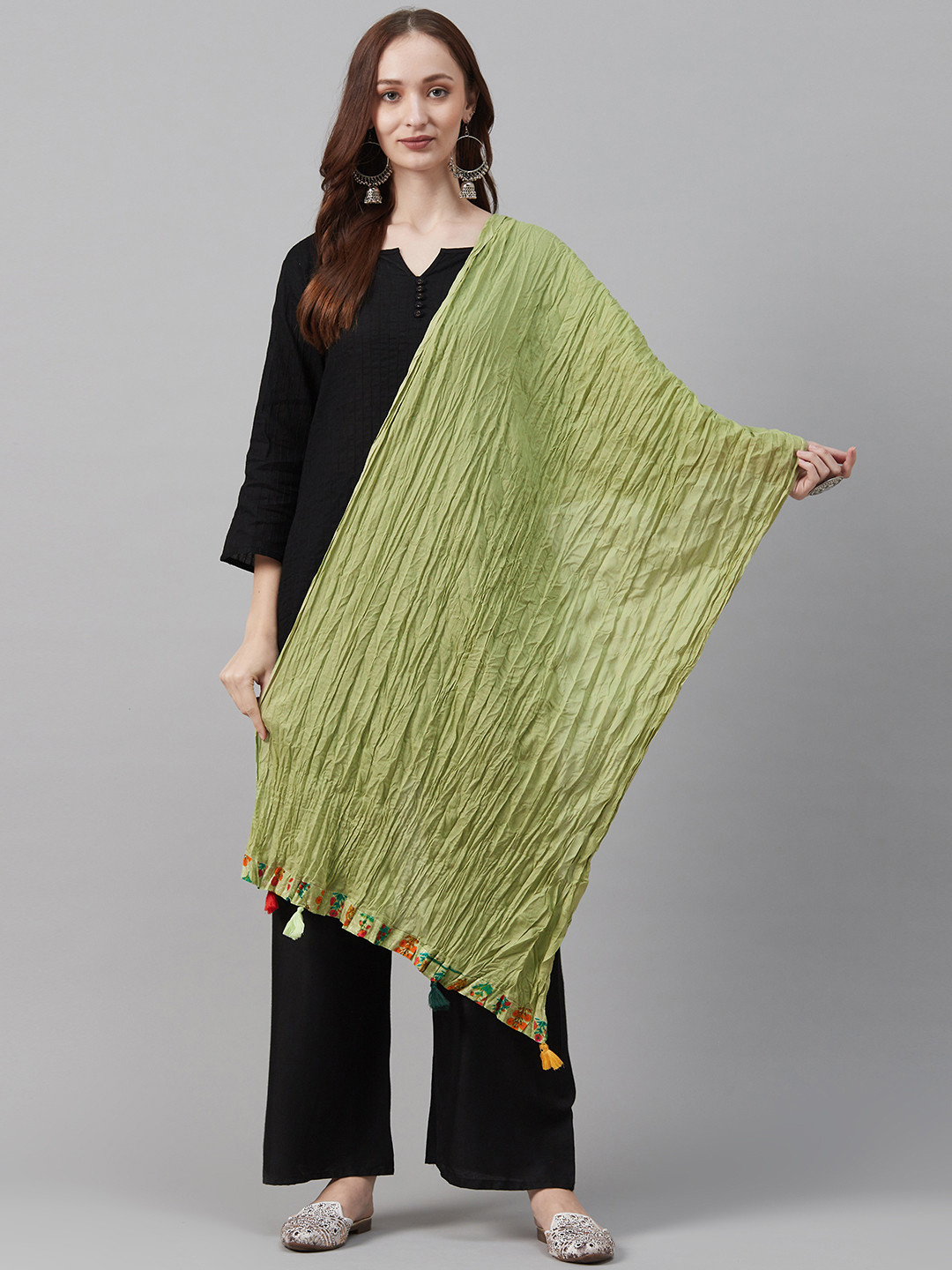Biba Green Crinkled Solid Dupatta