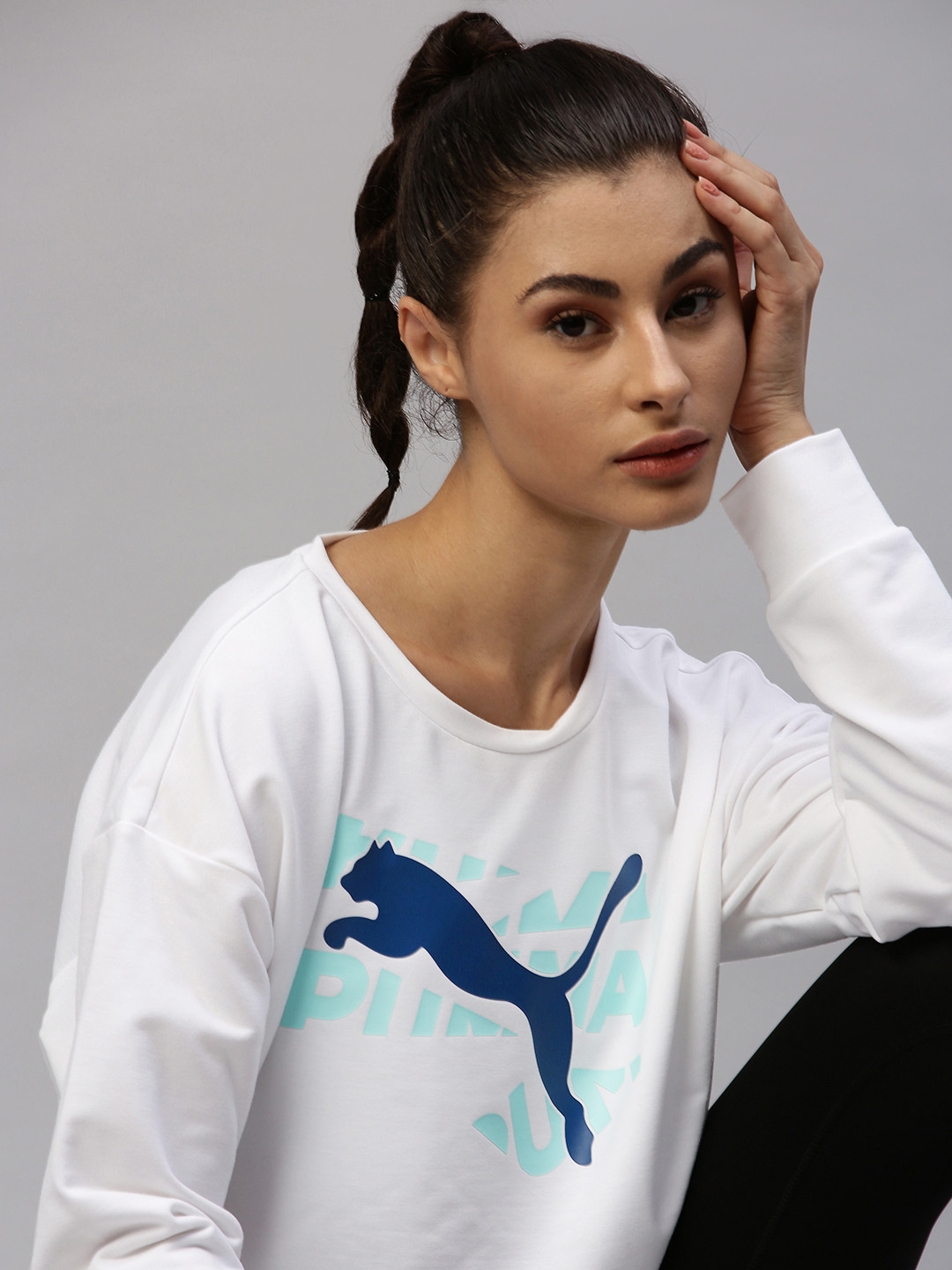 Puma Women White Printed Relaxed Fit DryCell Modern Sports Crew Sweatshirt