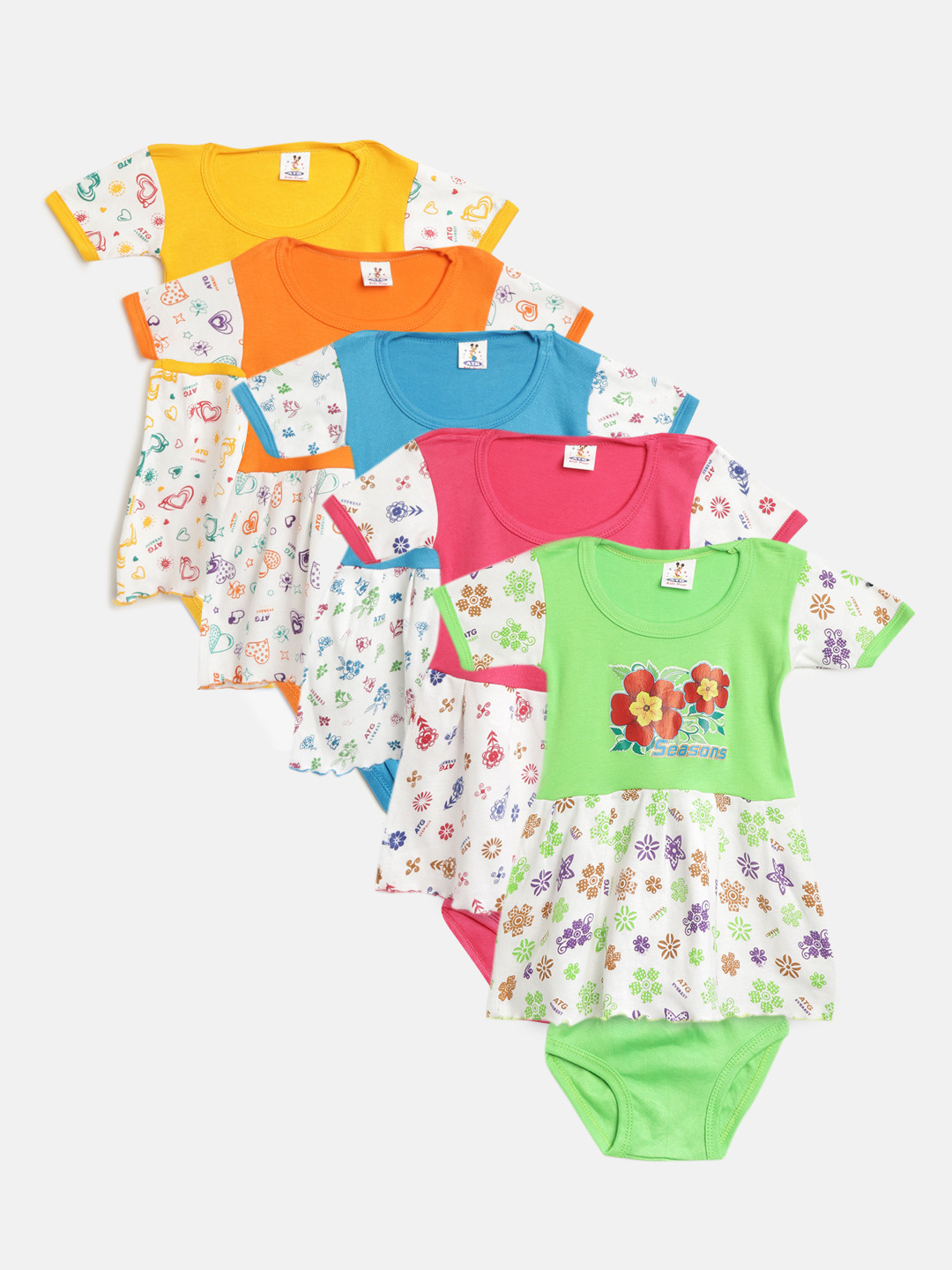 MANZON Girls Pack of 5 Printed Fit & Flare Dresses with Briefs