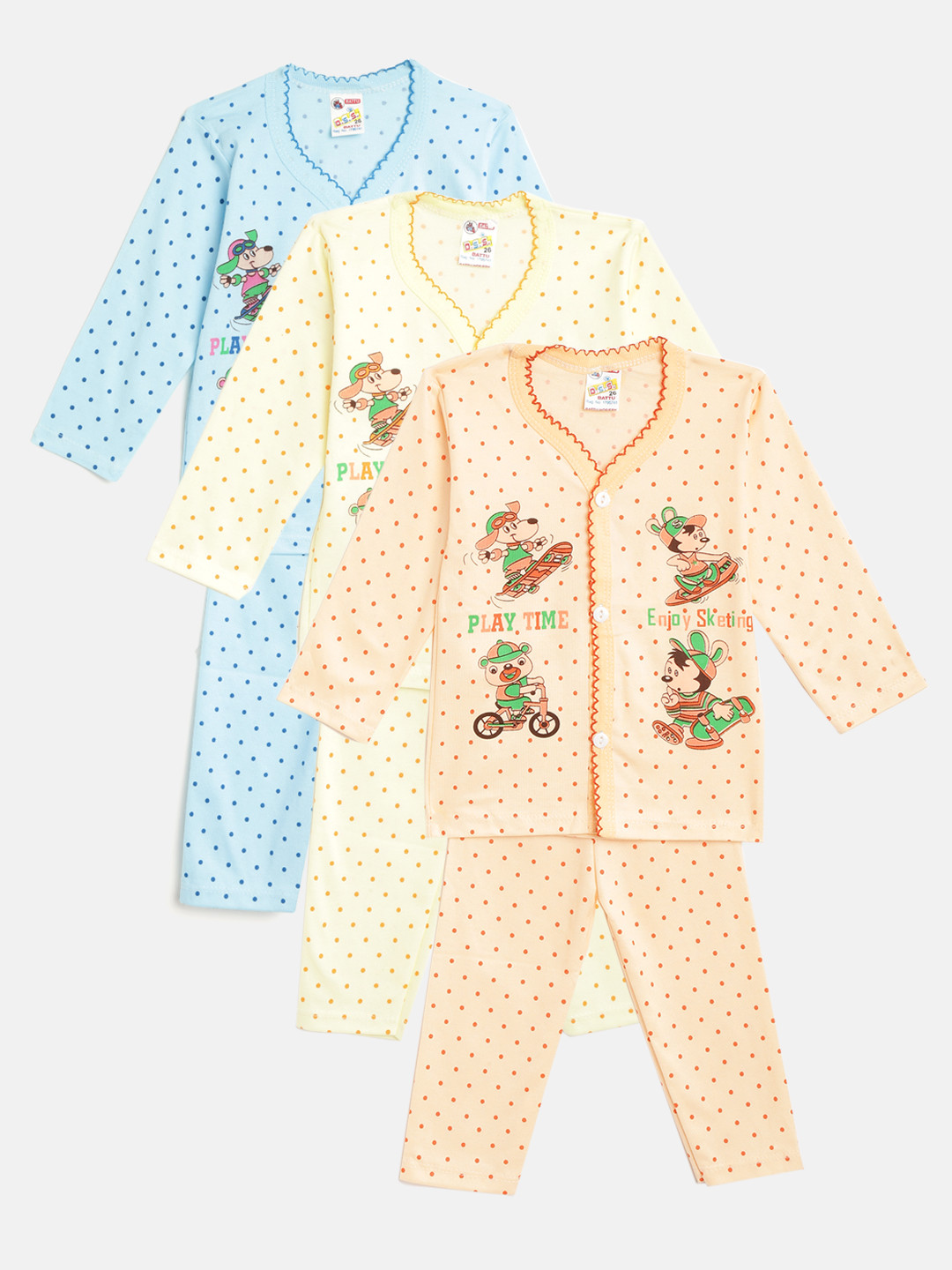 MANZON Kids Pack of 3 Polka Dot Print Night Suits