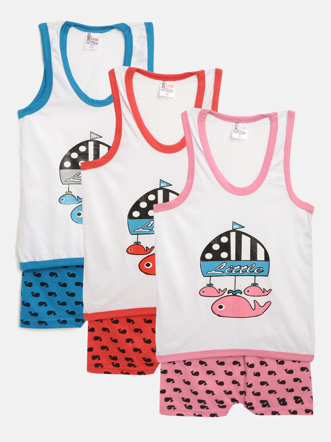 MANZON Kids Pack of 3 Fish Print T-shirts with Shorts