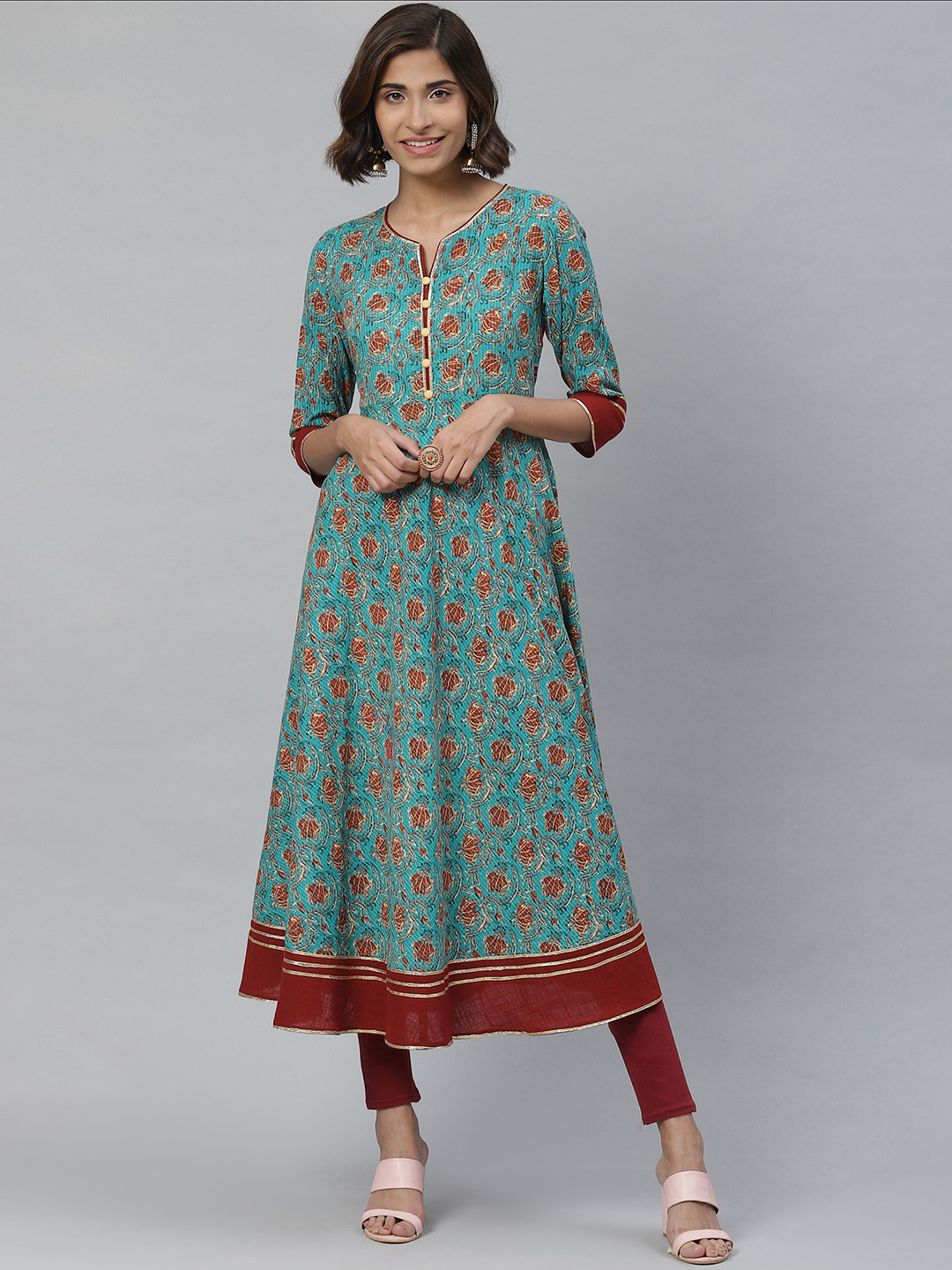 YASH GALLERY Women Blue & Rust Orange Printed Anarkali Kurta