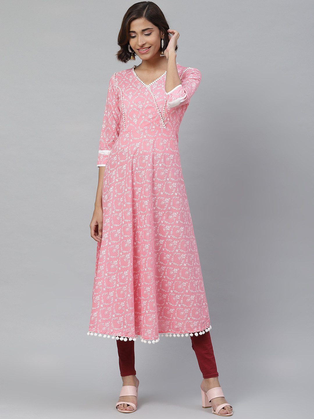 YASH GALLERY Women Pink & Off-White Printed Anarkali Kurta