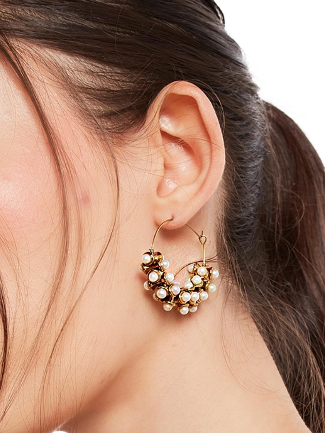Fida Gold-Toned & White Circular Gold Plated Handcrafted Hoop Earrings